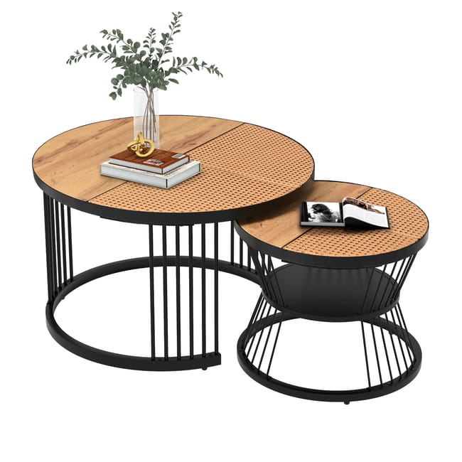 Lot De 2 Tables Basses Rondes Gigognes Blanches Avec Tiroirs - Design Moderne, Plateau Marbré, Or+blanc