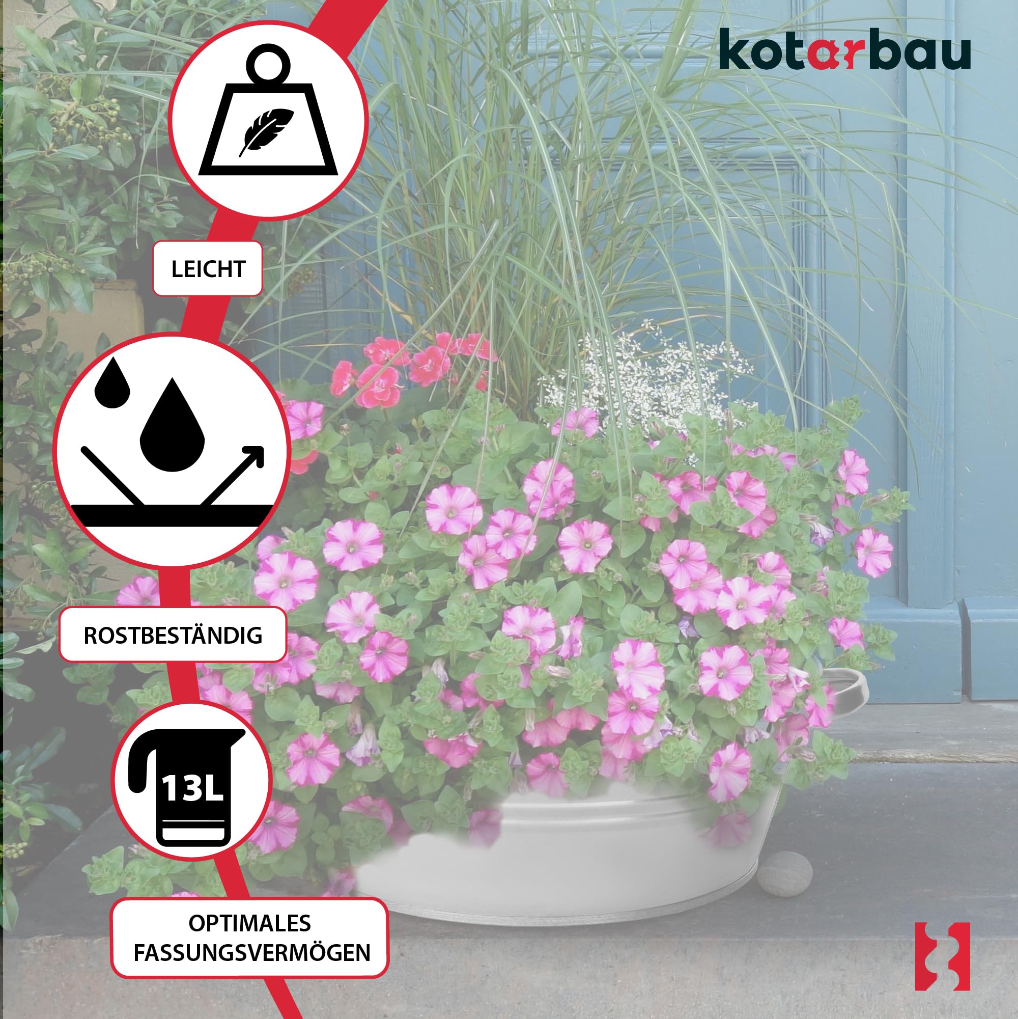 Bac en Zinc pour le Jardin Grand 13 Litres Rond Acier Galvanisé Zinc - Pot de Fleurs Jardin - KOTARBAU - 4