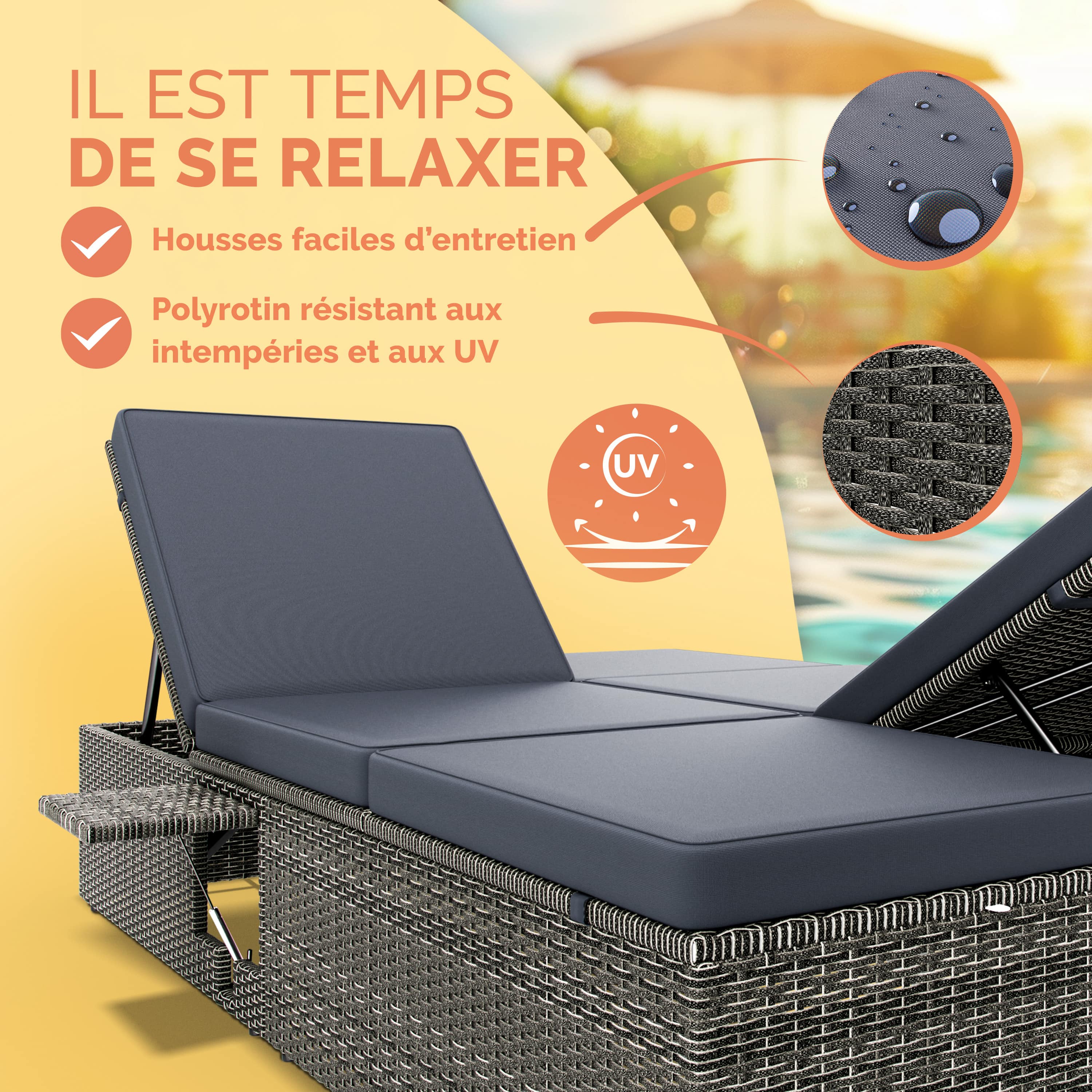 CASARIA® Chaise longue double gris/anthracite extrémités réglables bain de soleil 2 places polyrotin chaise d’extérieur - 2