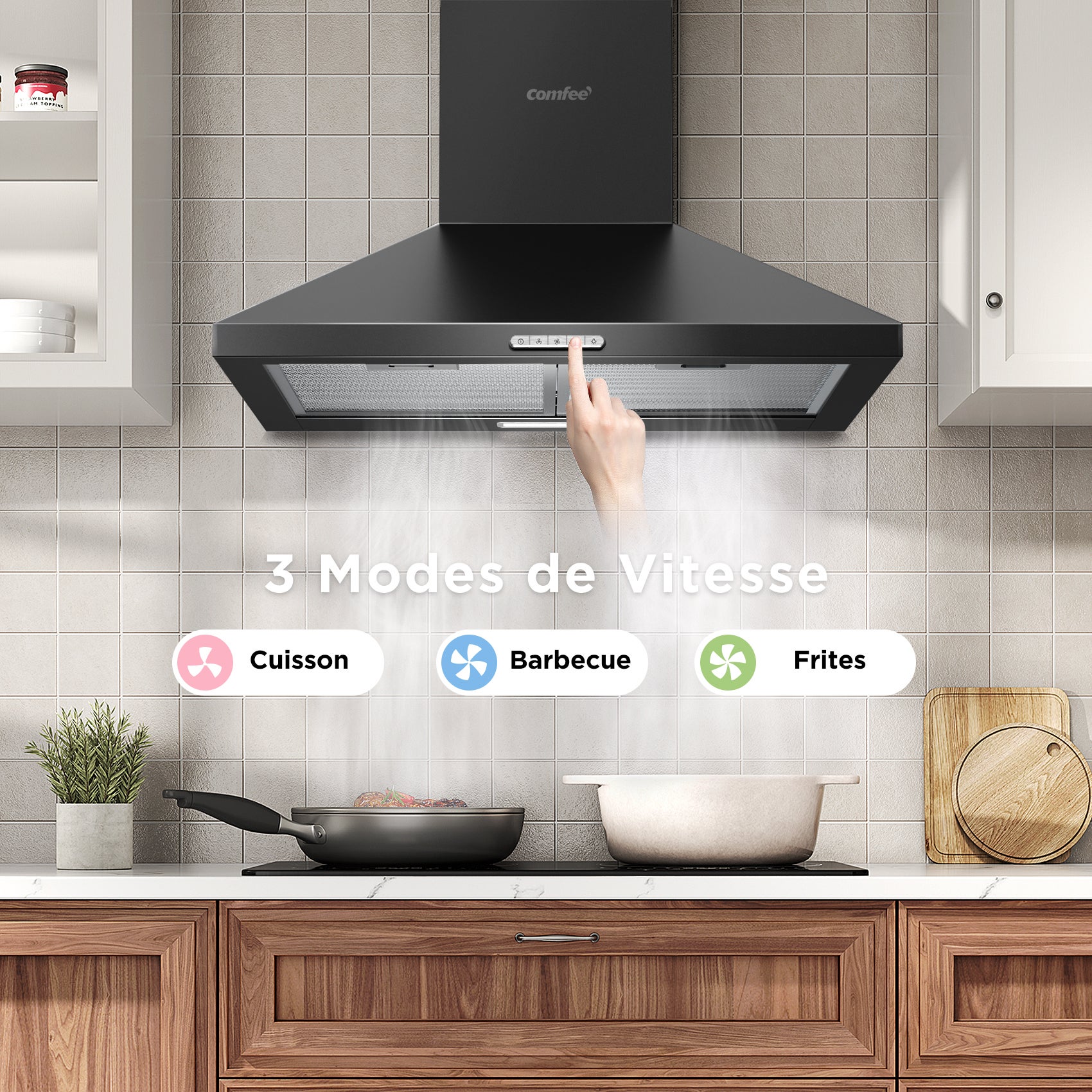 COMFEE Hotte Aspirante 60cm - 400 m³/h - Classe A++ - 2 Filtres à Charbon - 3 Vitesses - Recyclage & Évacuation - LED lampe - 6