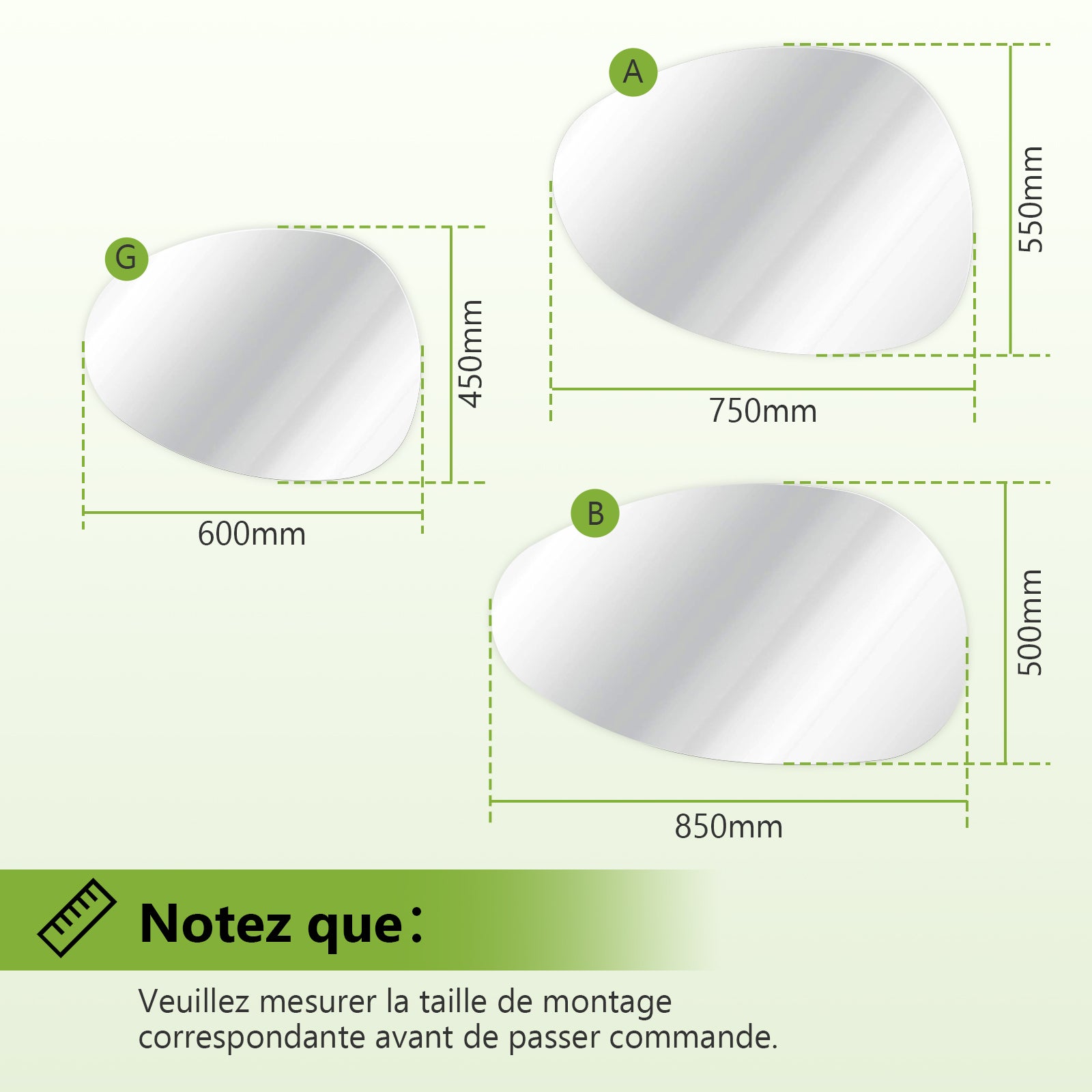 Specchio asimmetrico senza cornice 85 × 50 cm, specchio da bagno resistente all’umidità, bordi lucidati, installazione verticale o orizzontale - 4