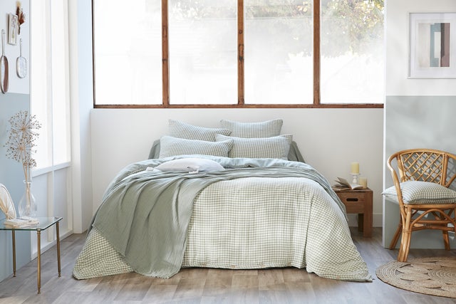 Housse de couette réversible 200 x 200 cm – Gaze de coton tissée teintée – VICKIE Eucalyptus