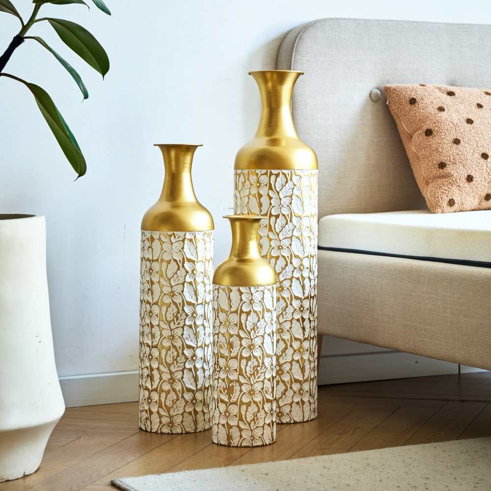 Set di 3 vasi da terra in metallo bianco dorato – Altezze 83/65/50 cm, grandi vasi retrò per soggiorno e camera, perfetti per fiori secchi e pampas - 6