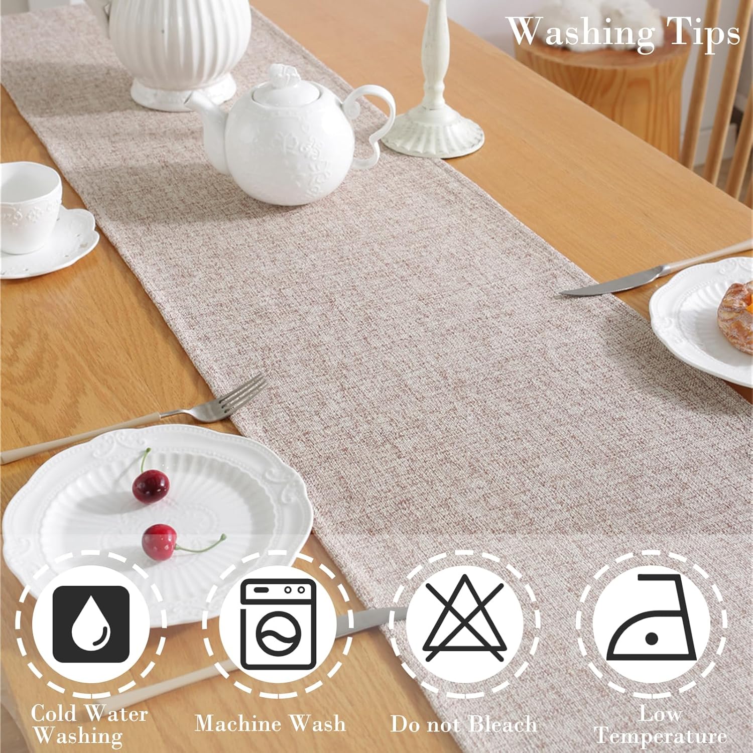 Runner da tavolo rustico in lino intrecciato bohémien per tavolo da pranzo, 33*153 cm, beige - 6