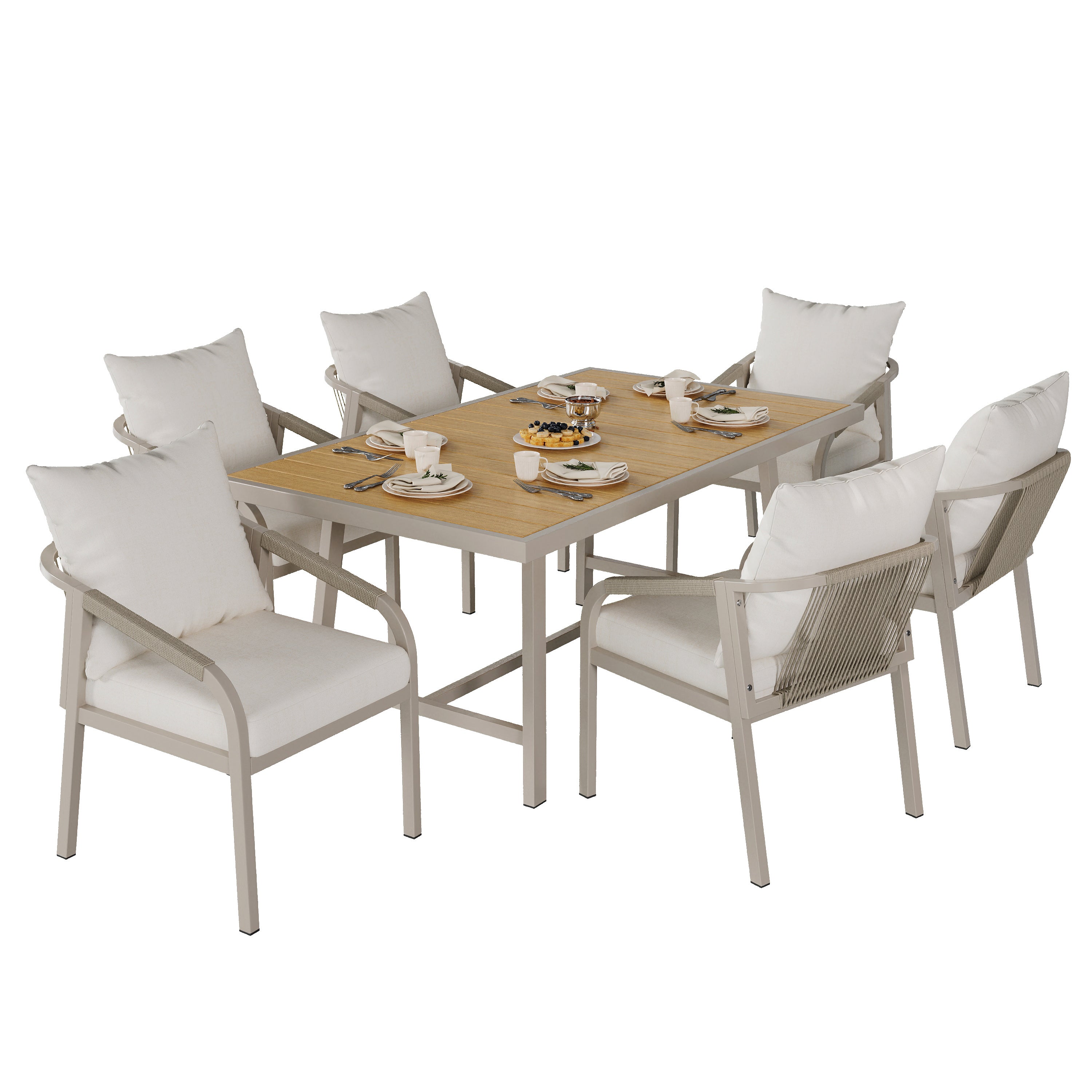 Conjunto de muebles de jardín de 6 plazas con respaldo de cuerda trenzada: Mesa de comedor + 6 sillas - Acero galvanizado y tablero de WPC - Caqui - 8