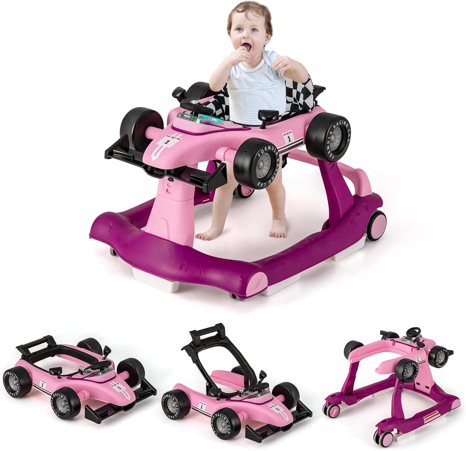 Chodzik dla Niemowląt, 4 w 1 z 3 Regulowanymi Wysokościami, Składany z Muzyką i Światłem, dla Dzieci w Wieku 6-18 Miesięcy (Fioletowy)