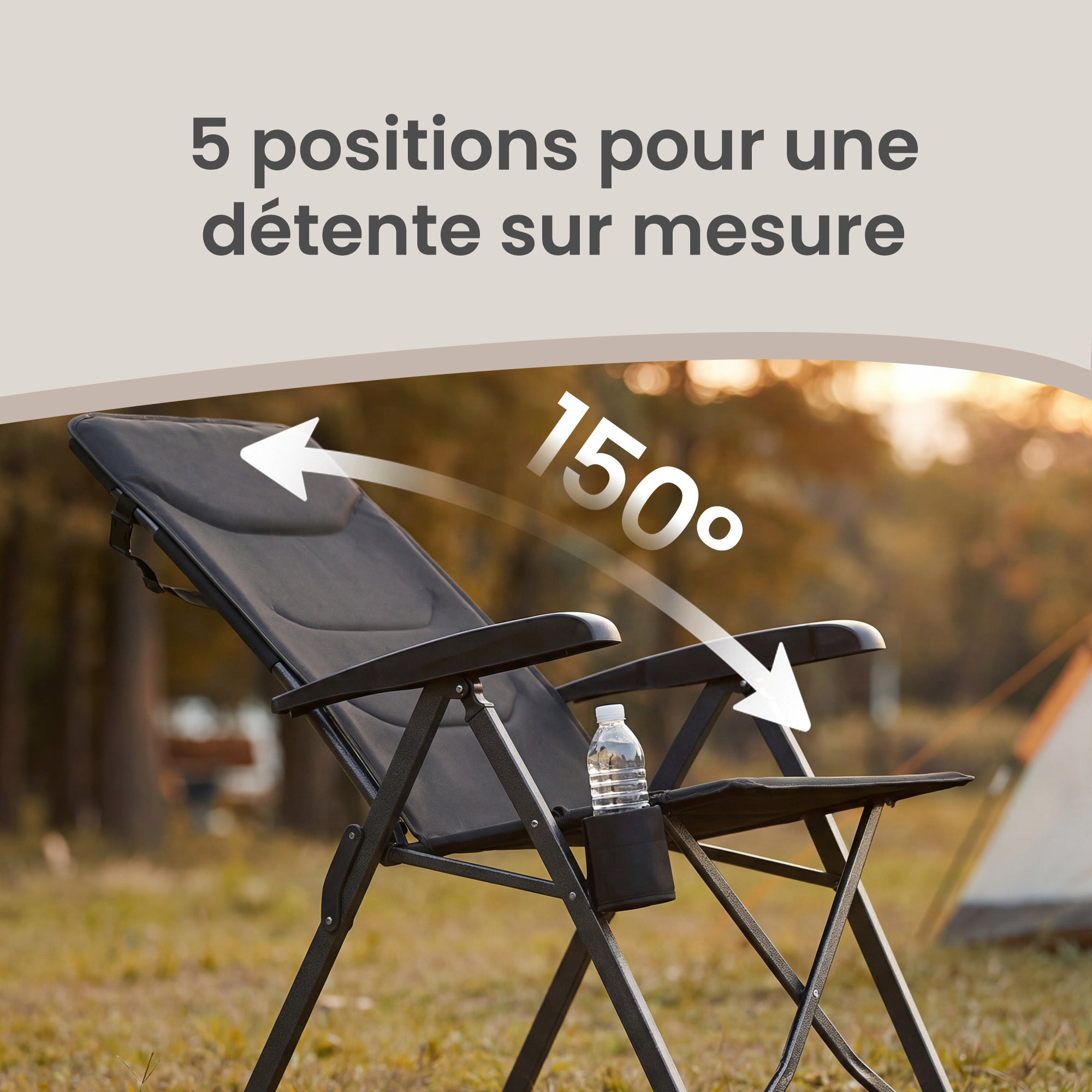 Chaise de Camping, Dossier Réglable 95°-150°, Porte-Gobelet, Sac de Transport, Pêche, Jardin, Noir - 7