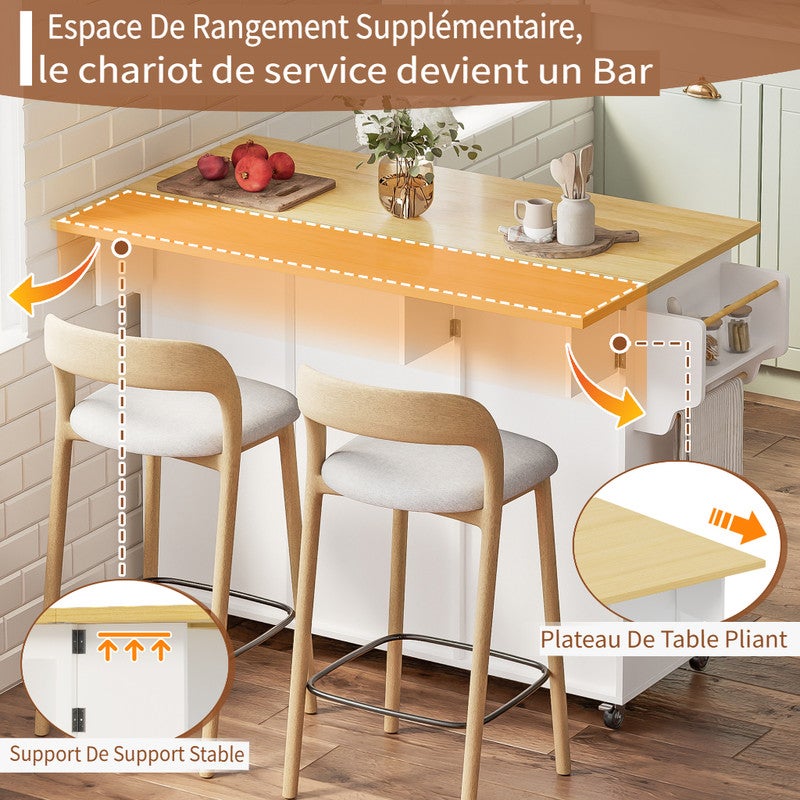 Îlot de cuisine mobile avec 1 tiroir,Chariot de cuisine avec plateau rabattable, Table de bar avec 3 étagères avec portes,Blanc 120×45-70×92 cm - 6