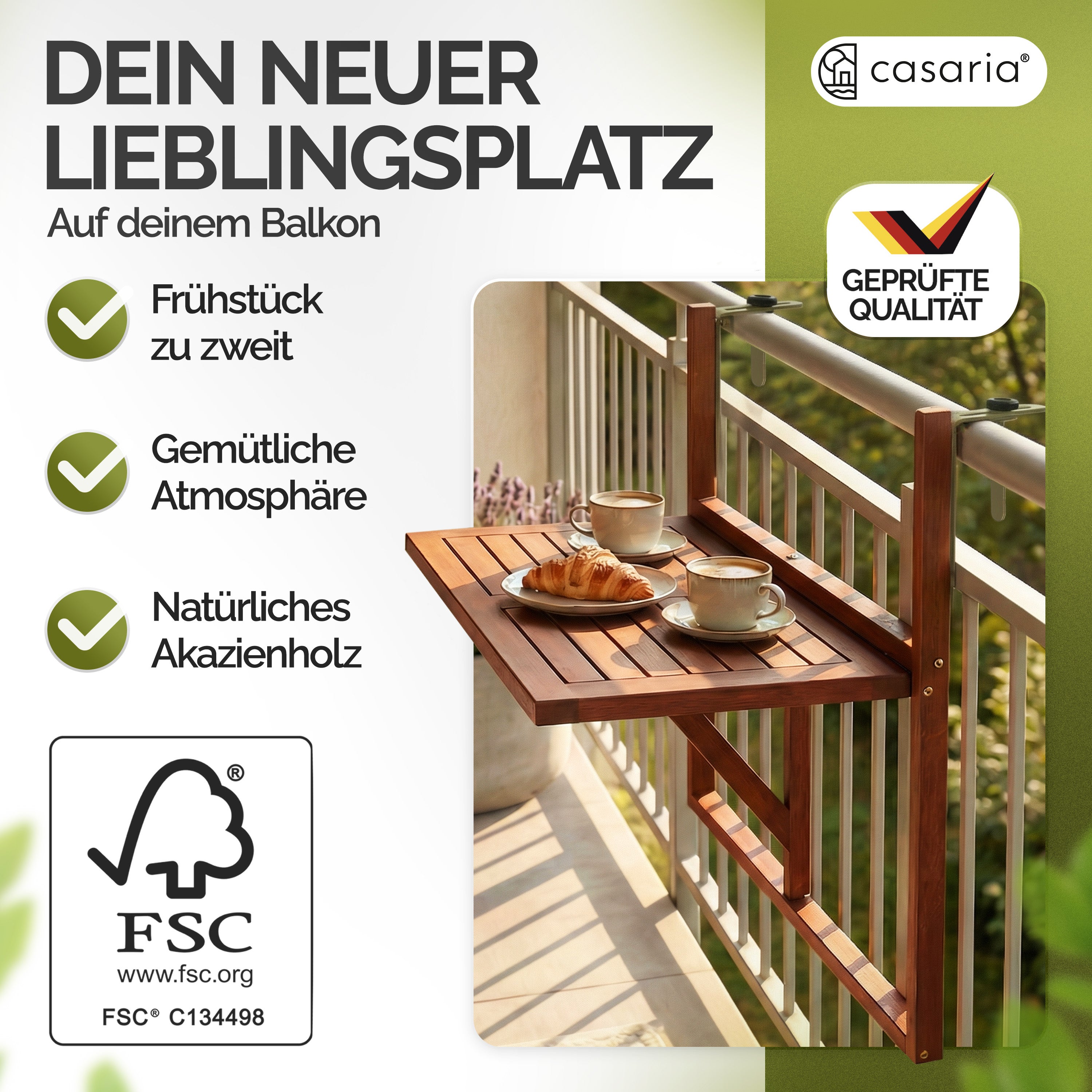 Table de balcon suspendue en bois d'acacia certifié FSC Table de balcon rabattable 64 x 45 x 87 cm balcon terrasse - 6