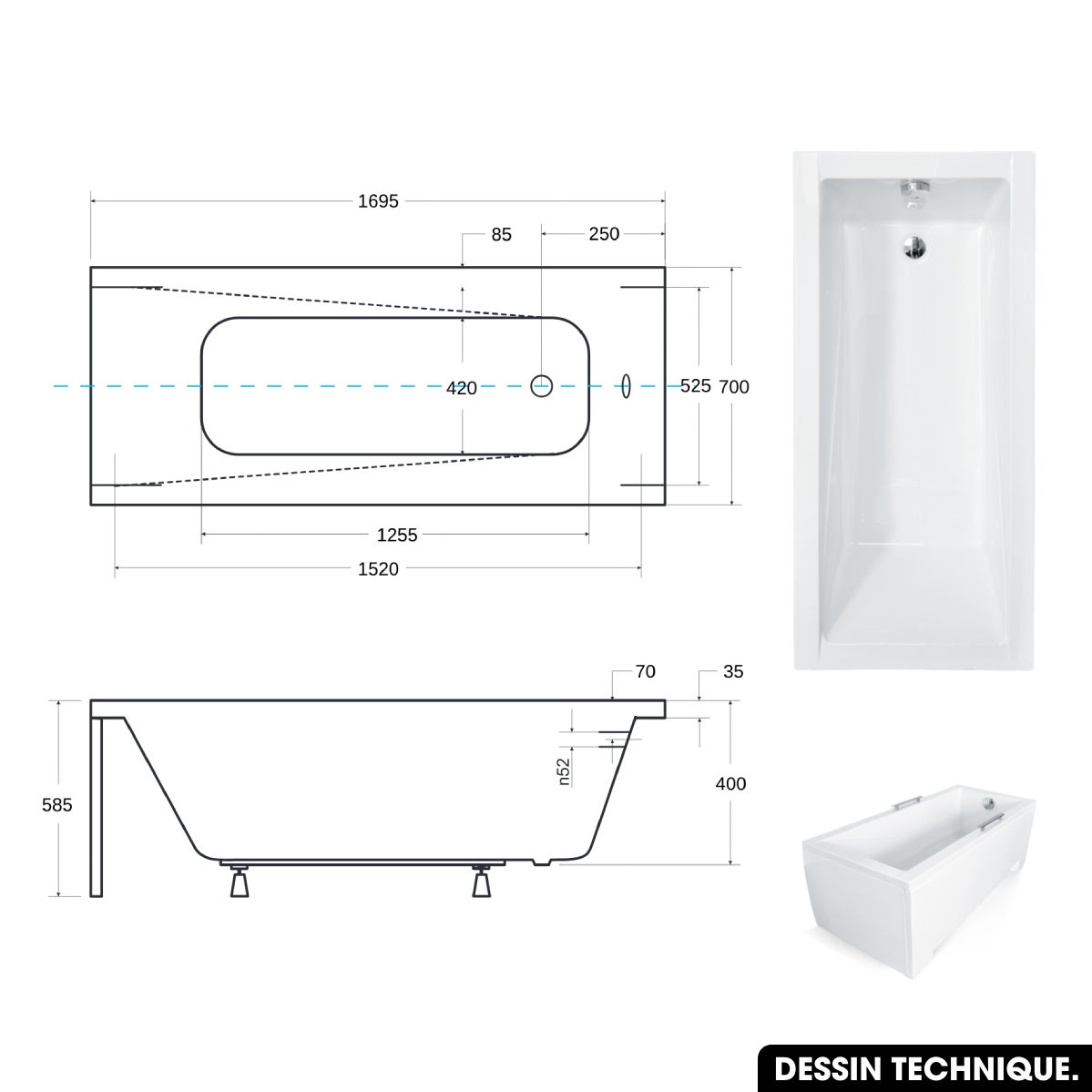 Baignoire rectangulaire de 170 x 70 cm - avec Tablier Blanc et Repose Tête OFFERT - MODERN - 3