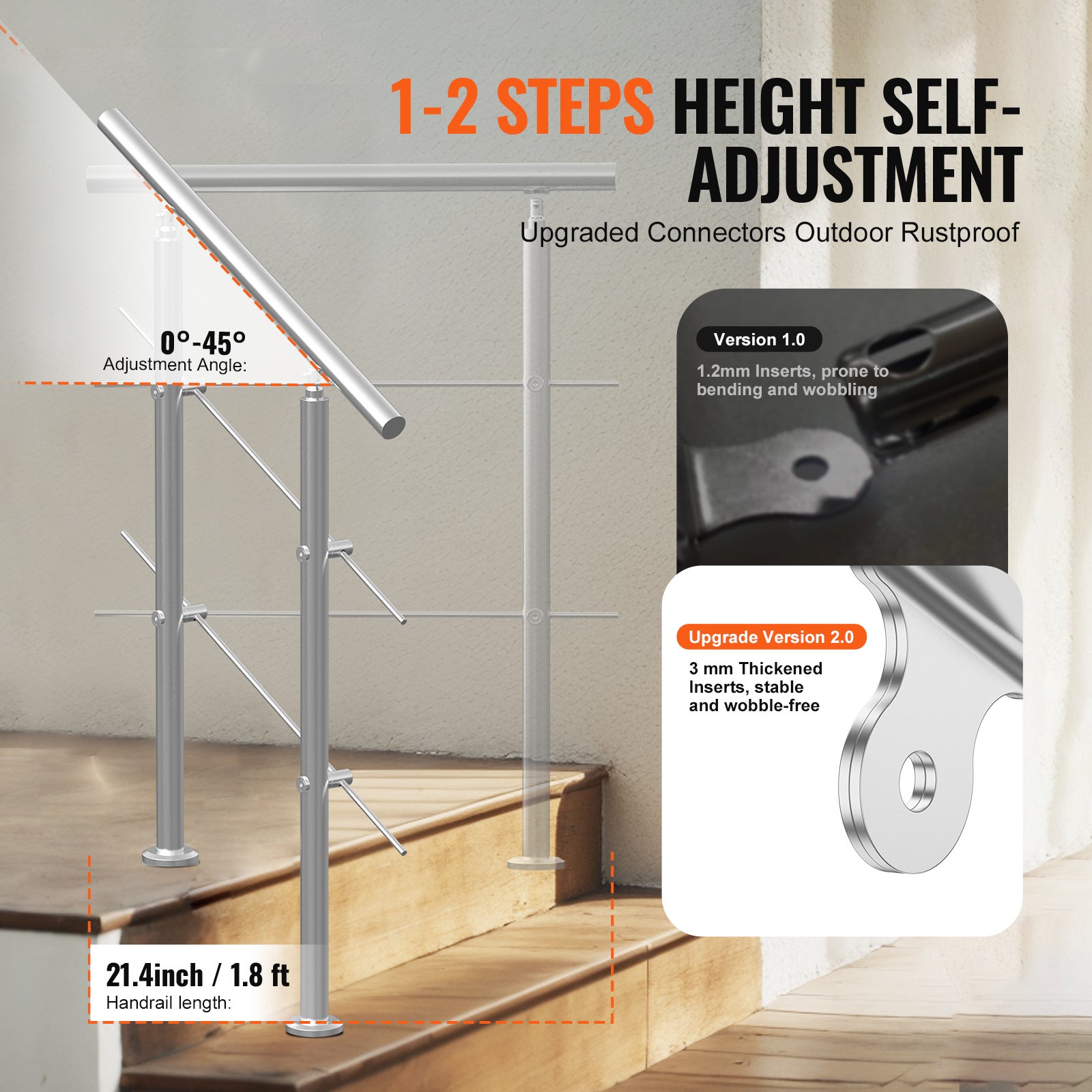 Rampe d'Escalier VEVOR 80 cm Main Courante Extérieure en Acier Inox 201 2 Barres Angle 0-45° pour Marches Porche Terrasse - 3