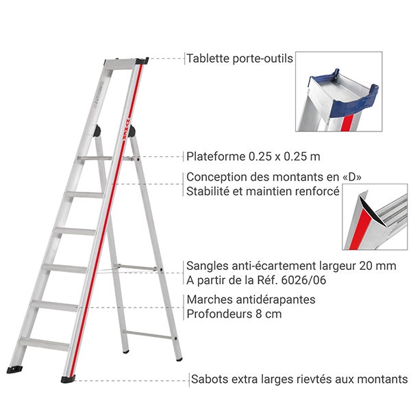 Escabeau 7 marches - Hauteur atteignable 3.60m - 6026/07 - 5