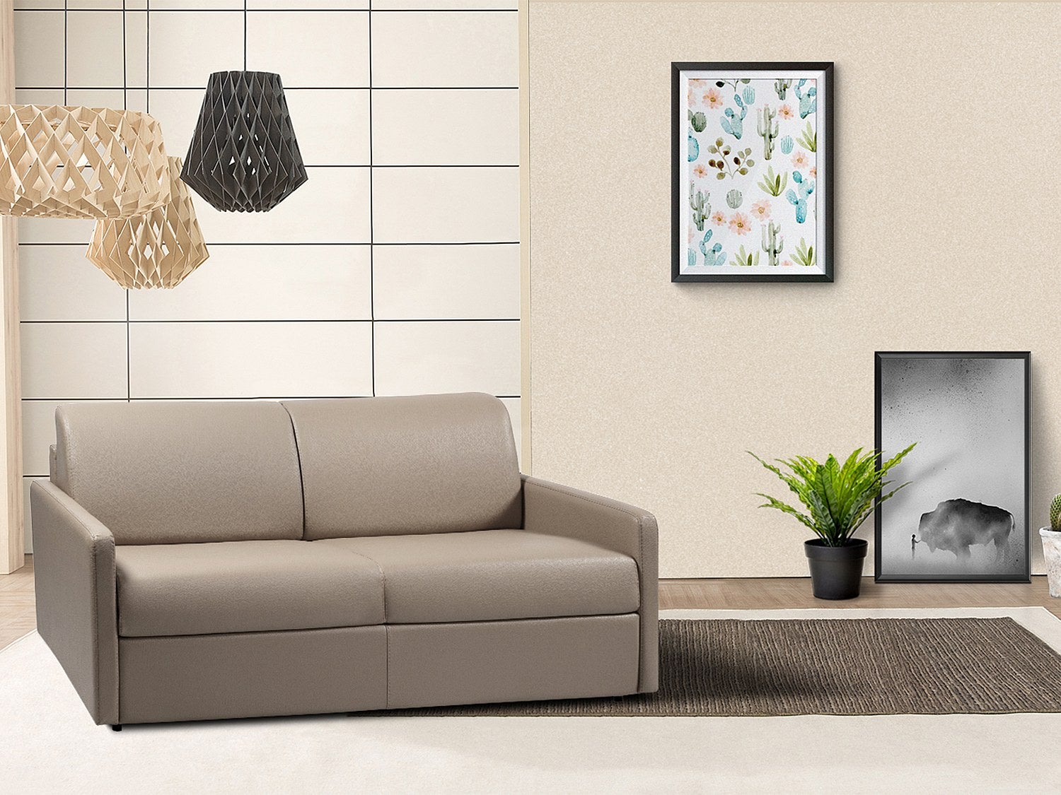 Kanapa 3-osobowa z ekspresowym mechanizmem rozkładania z ekoskóry CALIFE - Kolor: taupe - Wymiary miejsca do spania: 140 cm - Materac 22 cm z pamięcią
