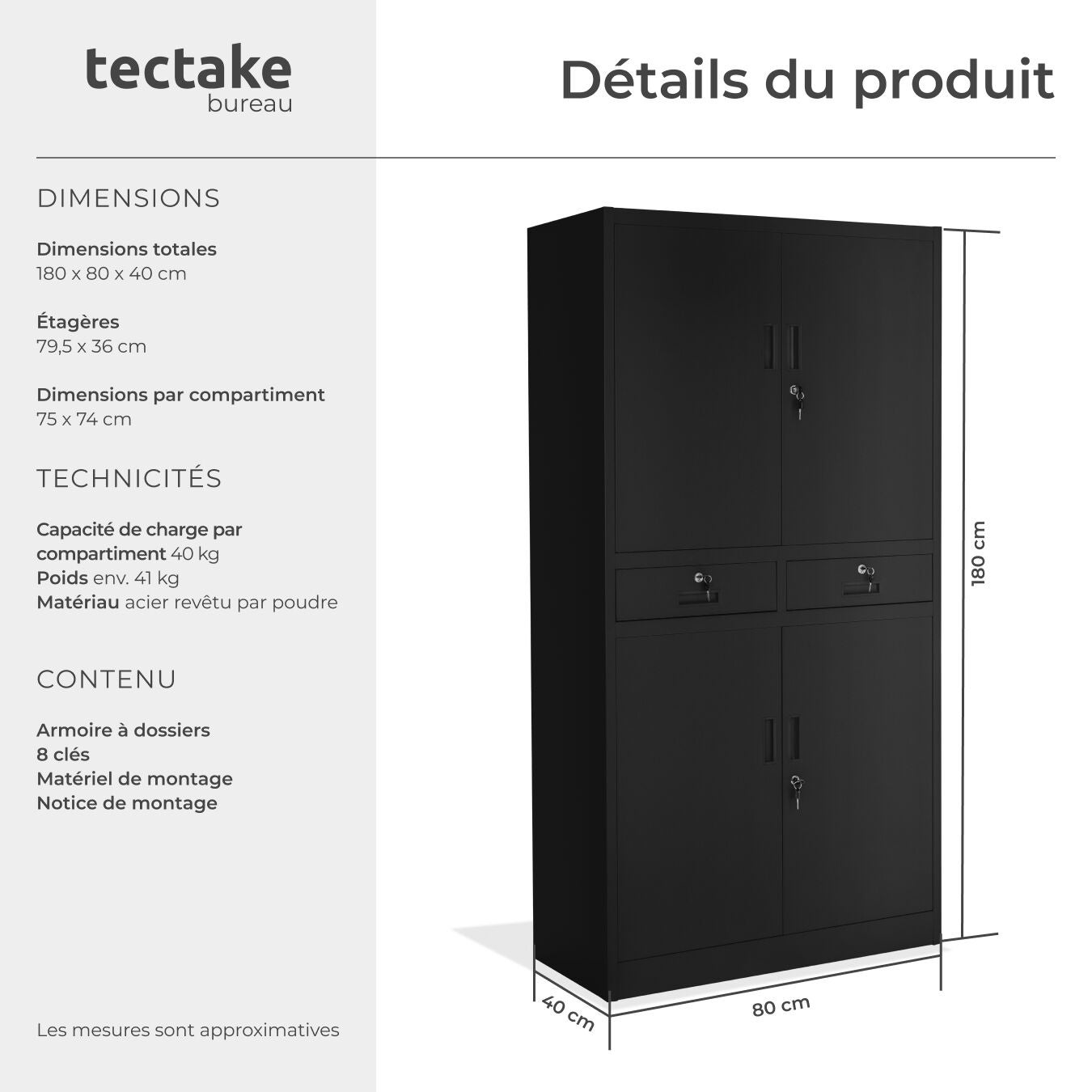 Armoire de classement en métal, compartiments avec étagères réglables, portes renforcées, verrouillable, noir TECTAKE - 6