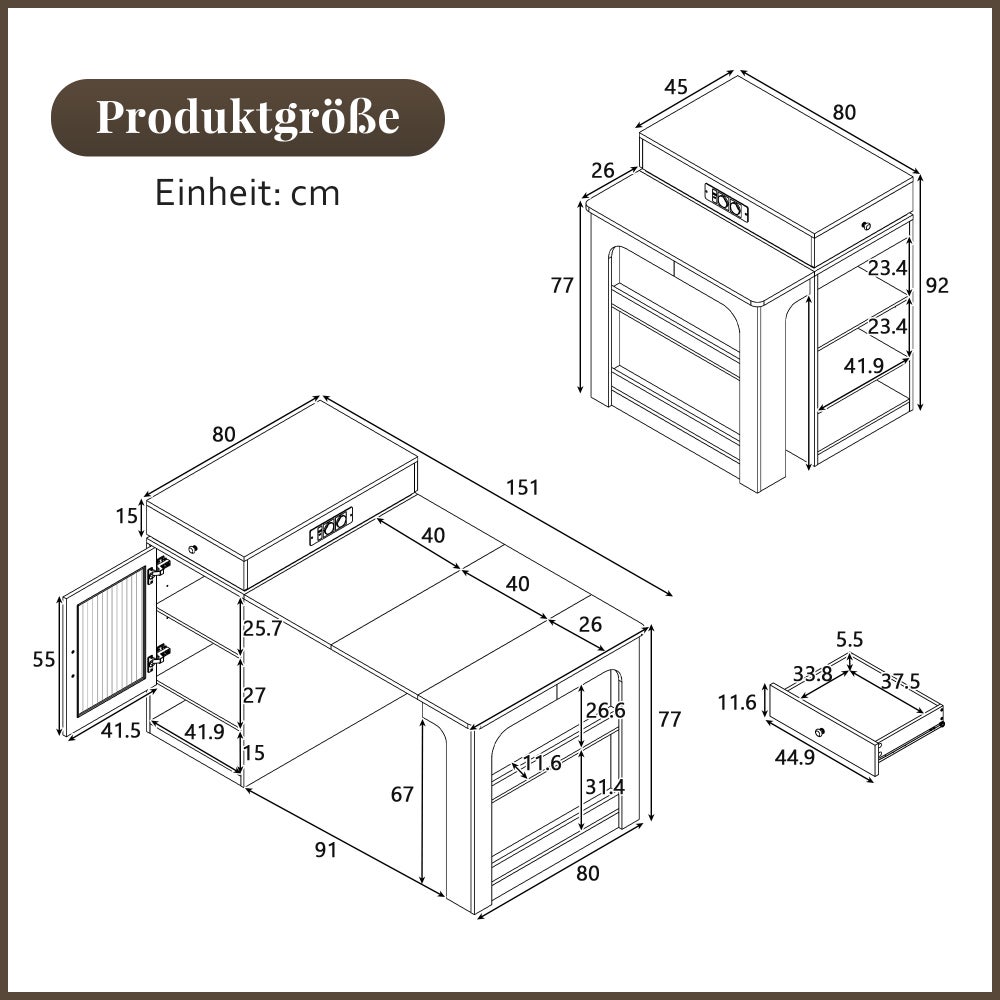 Îlot de cuisine avec roulettes et table extensible – Design marbré, prise intégrée, buffet multifonction pour cuisine et salle à manger - 5