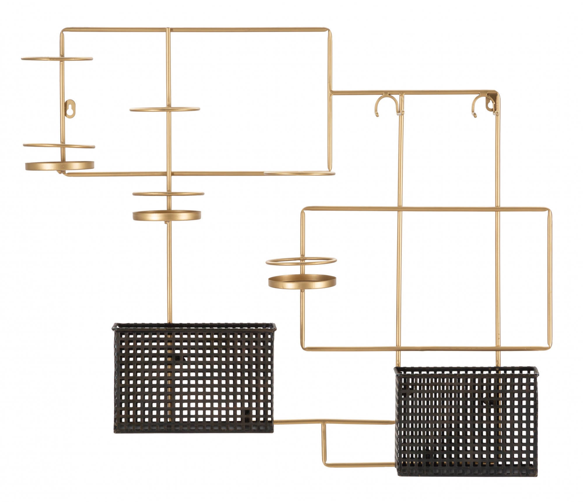 Elegante portabotellas de pared, estructura metálica, completo con portavasos y dos prácticos recipientes, color negro, medidas 11,5 x 65,5 x 77 cm