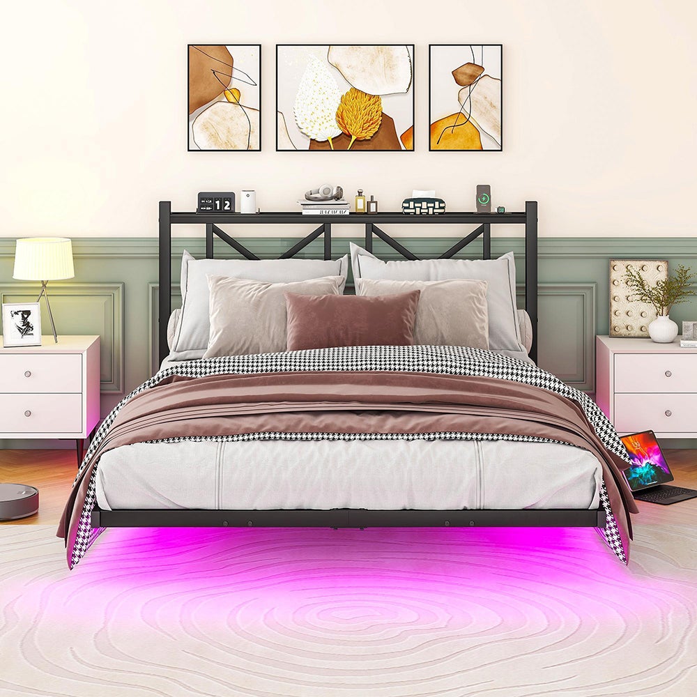 Letto Matrimoniale A LED Con Funzione Di Ricarica USB Type C E Illuminazione, Struttura In Lino Grigio Contenitore 148x212x109cm
