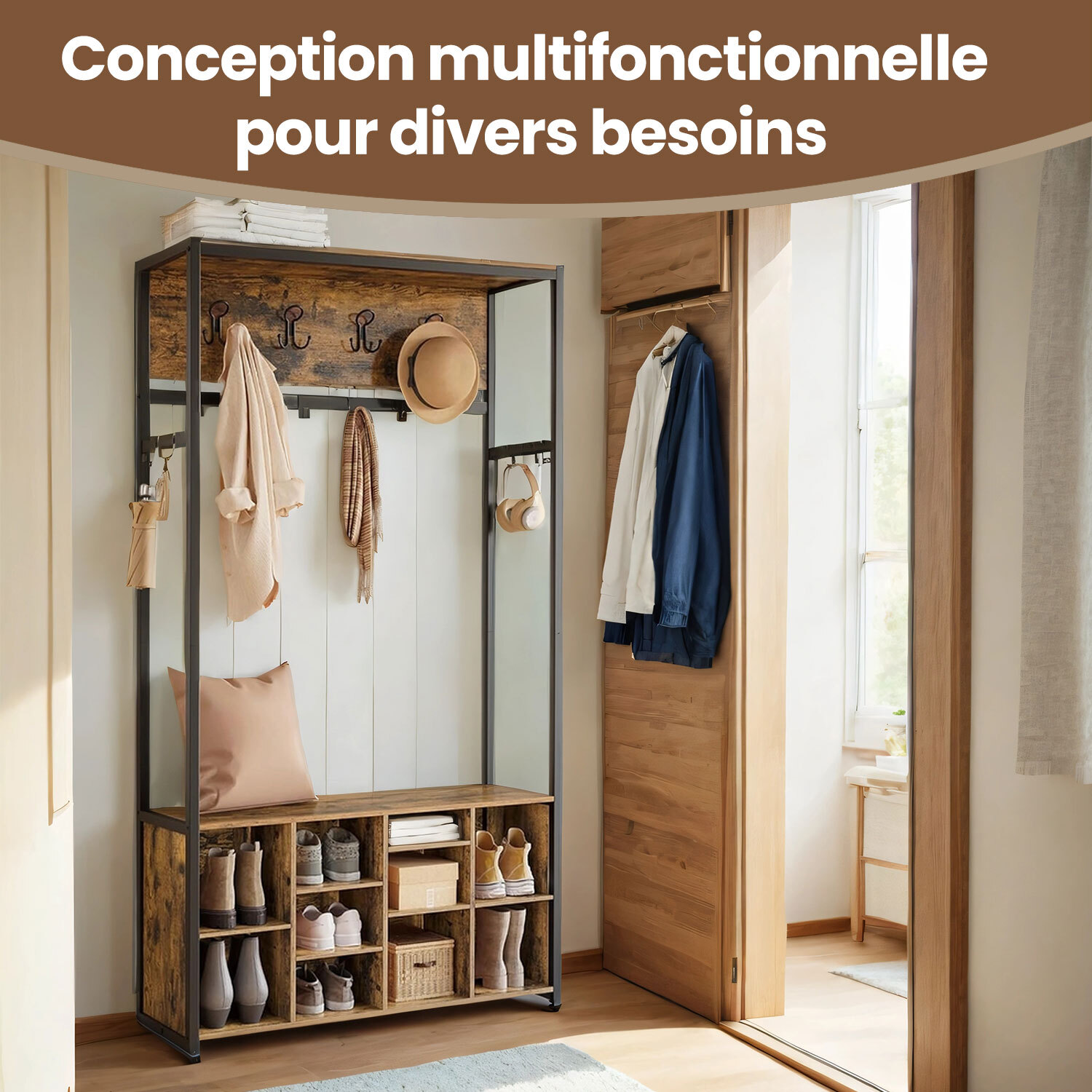 Porte-Manteau avec Banc et Rangement à Chaussures, Meuble d'Entrée, Marron et Noir - 2