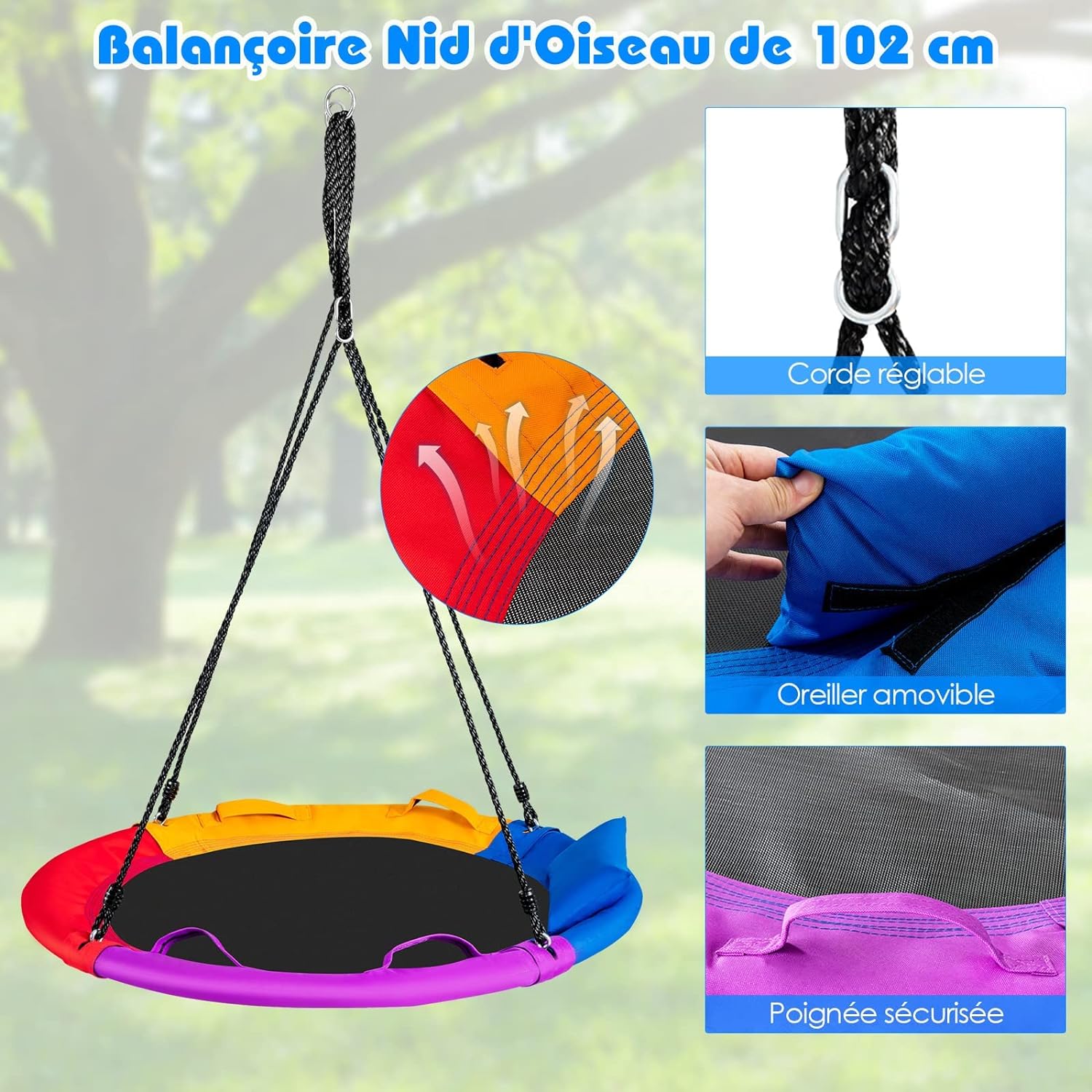 Balancoire Nid d’Oiseau Rond, Balancoire de Jardin en Tissu Oxford et PP, Ø100CM,Charge Maximale 150KG, pour Enfant/Adulte(Multicolore(avec Coussin)) - 5