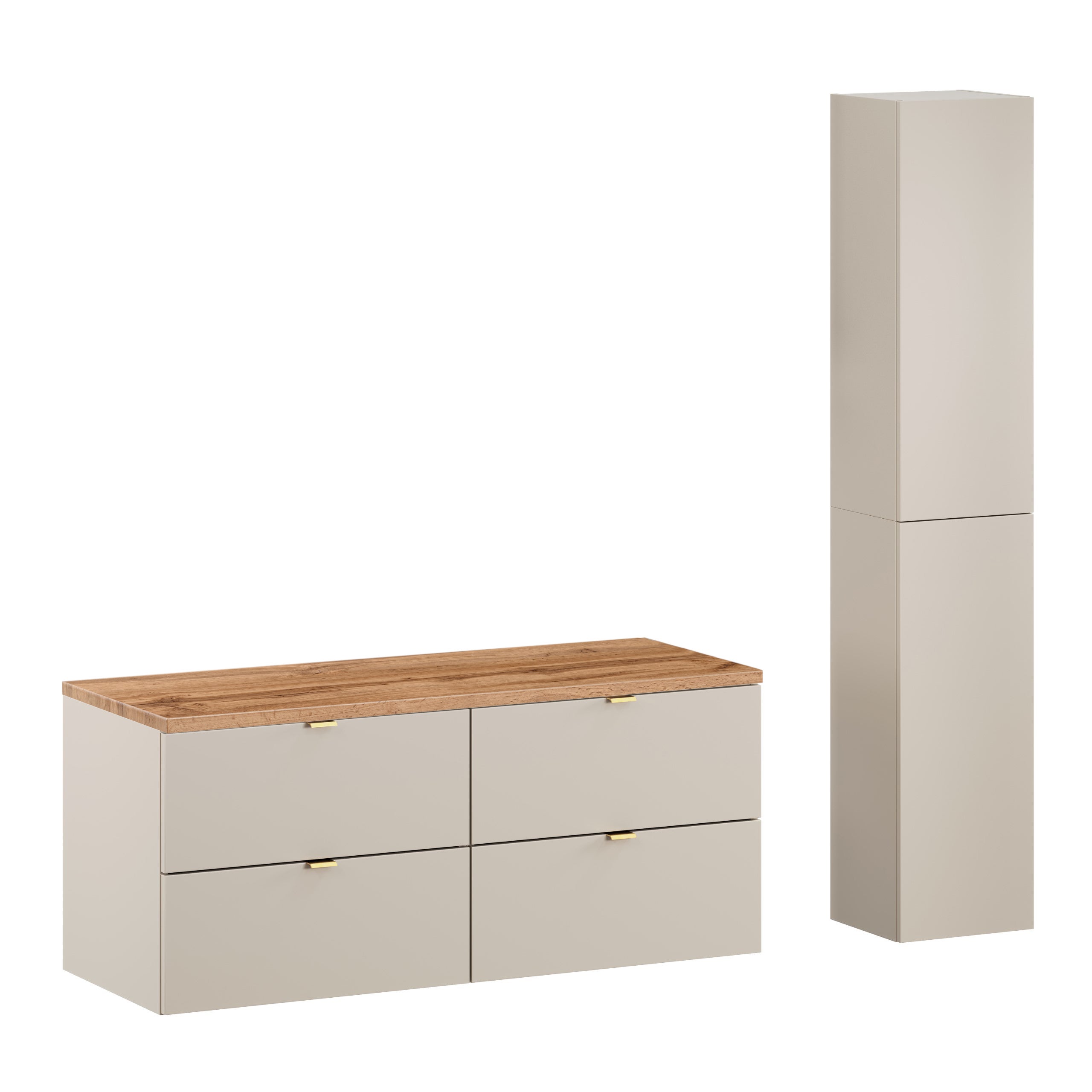 Kaszmirowy komplet łazienkowy Dalia Cashmere szafka 120 cm z blatem dąb Wotan i 2 słupki MDF