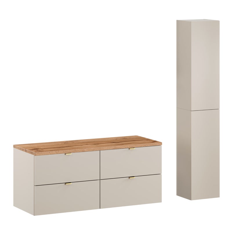 Kaszmirowy komplet łazienkowy Dalia Cashmere szafka 120 cm z blatem dąb Wotan i 2 słupki MDF