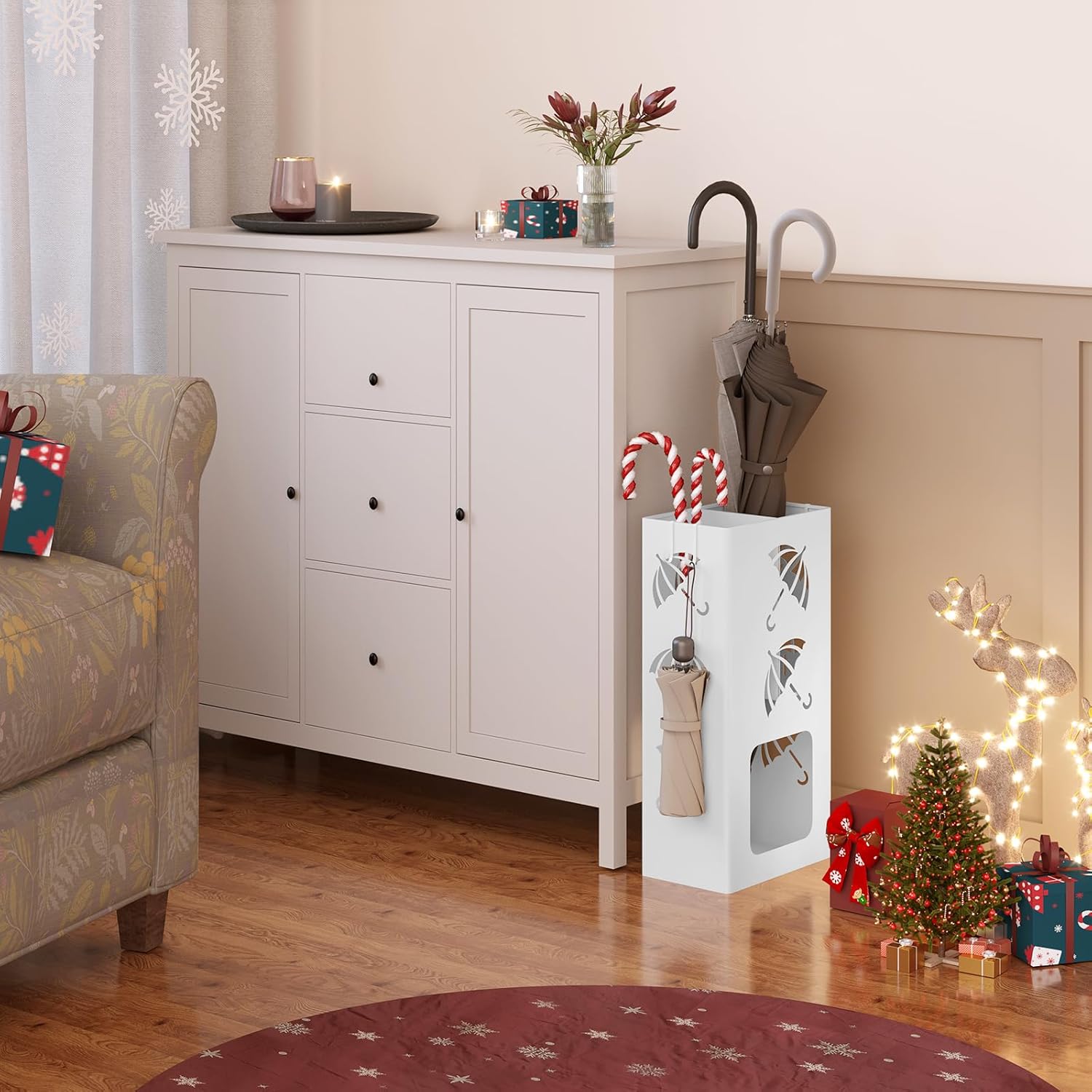 Porte-Parapluie avec 4 Crochets WOLTU, Porte-Parapluie avec 2 Zones Séparées, en Métal Antirouille, Blanc - 2