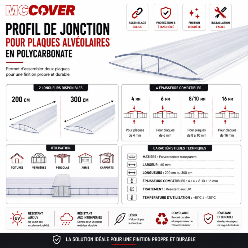 Profil polycarbonate de jonction - Epaisseur - 4 mm, Longueur - 200 cm - 2