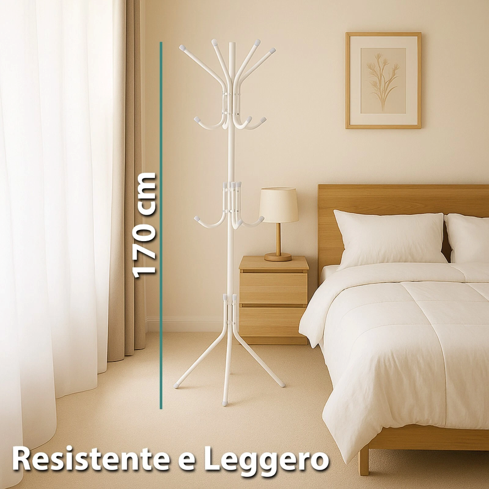 Appendiabiti da terra Servomuto stender piantana 12 ganci metallo Bianco con base a tre piedi 170 cm stabile resistente leggero moderno - 2