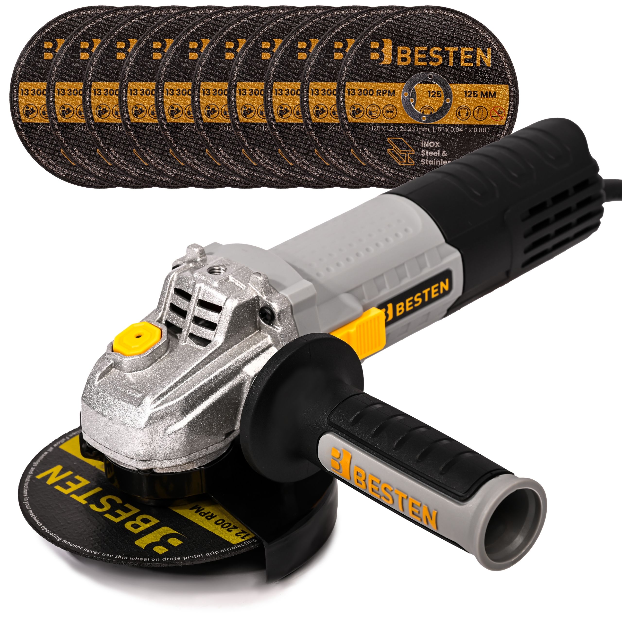 Szlifierka kątowa BESTEN BE-2850 1300 W 125 mm z regulacją obrotów i 10 tarczami