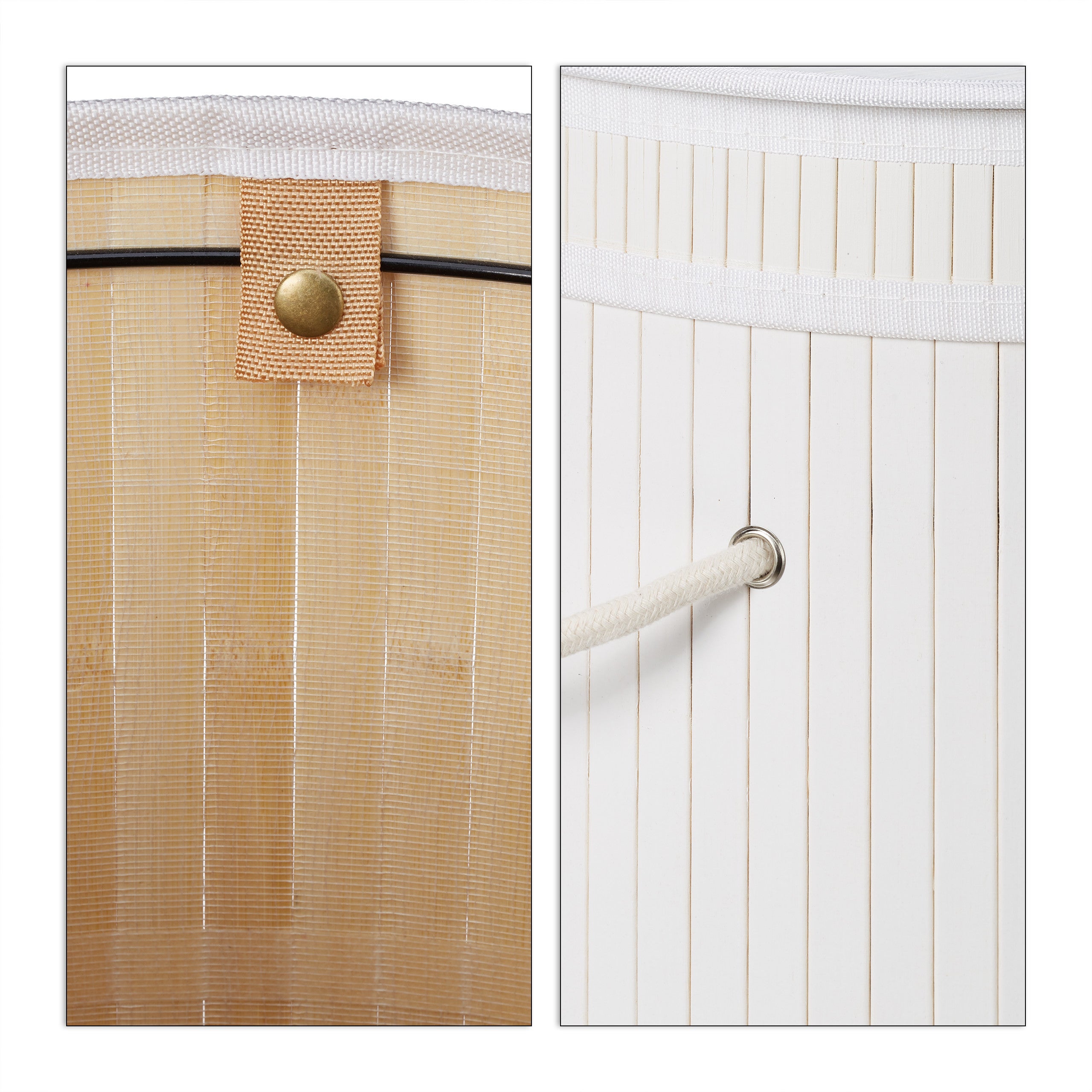 Panier à linge bambou, lot de 2, pliable, Corbeille à linge ronde, 65 L, Sac à linge, Ø 40 cm, blanc - 9