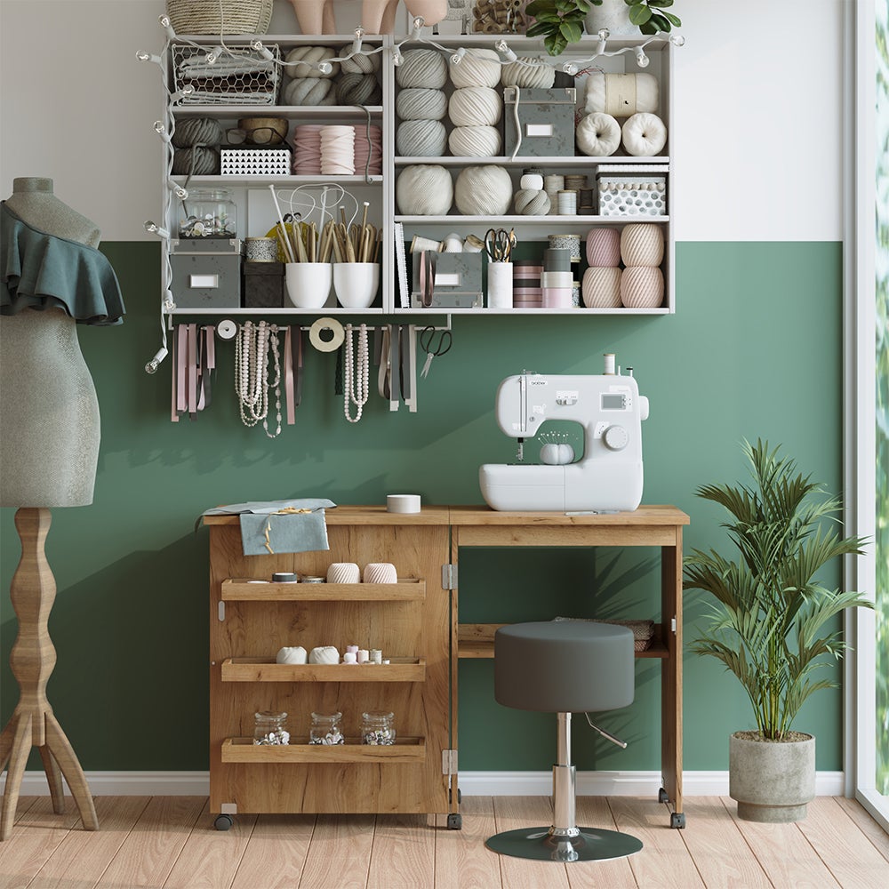 Vicco table de couture Carmen, Chêne, 118x77.5cm avec 3 étagères - 3