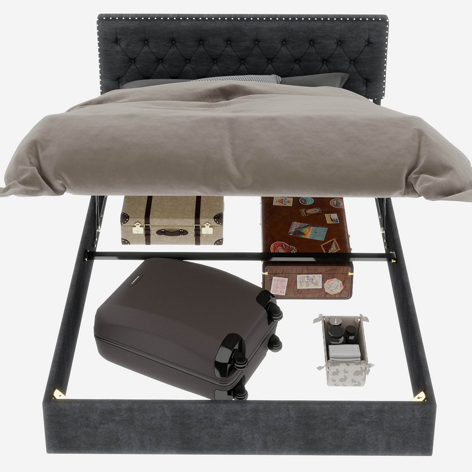 Letto contenitore matrimoniale 160x200 cm, doghe in legno, testiera, velluto grigio, senza materasso - 5