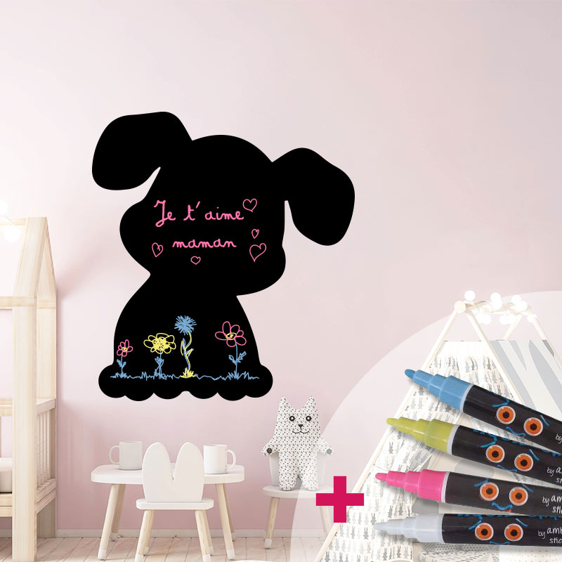 Vinilo pizarra cachorro + 4 tizas liquidas - adhesivo de pared - revestimiento sticker mural decorativo - 115x105cm