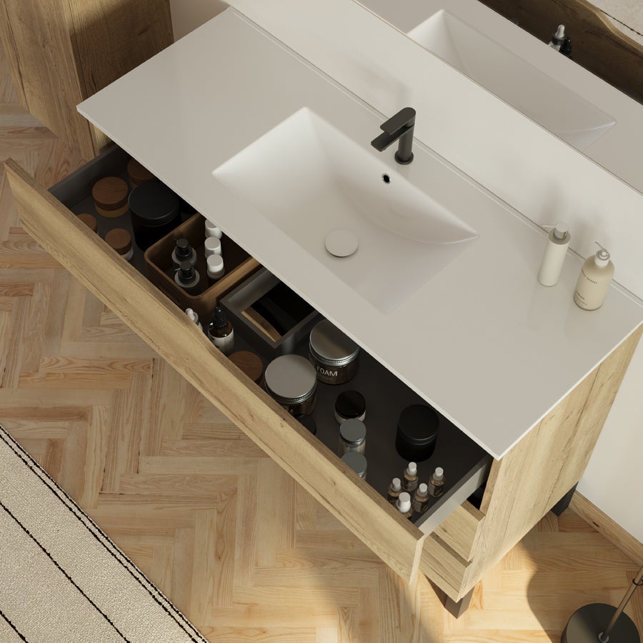 Meuble sous vasque seul, 3 tiroirs, 120cm, pour simple vasque - madera miel (chêne clair) - MATA - 2