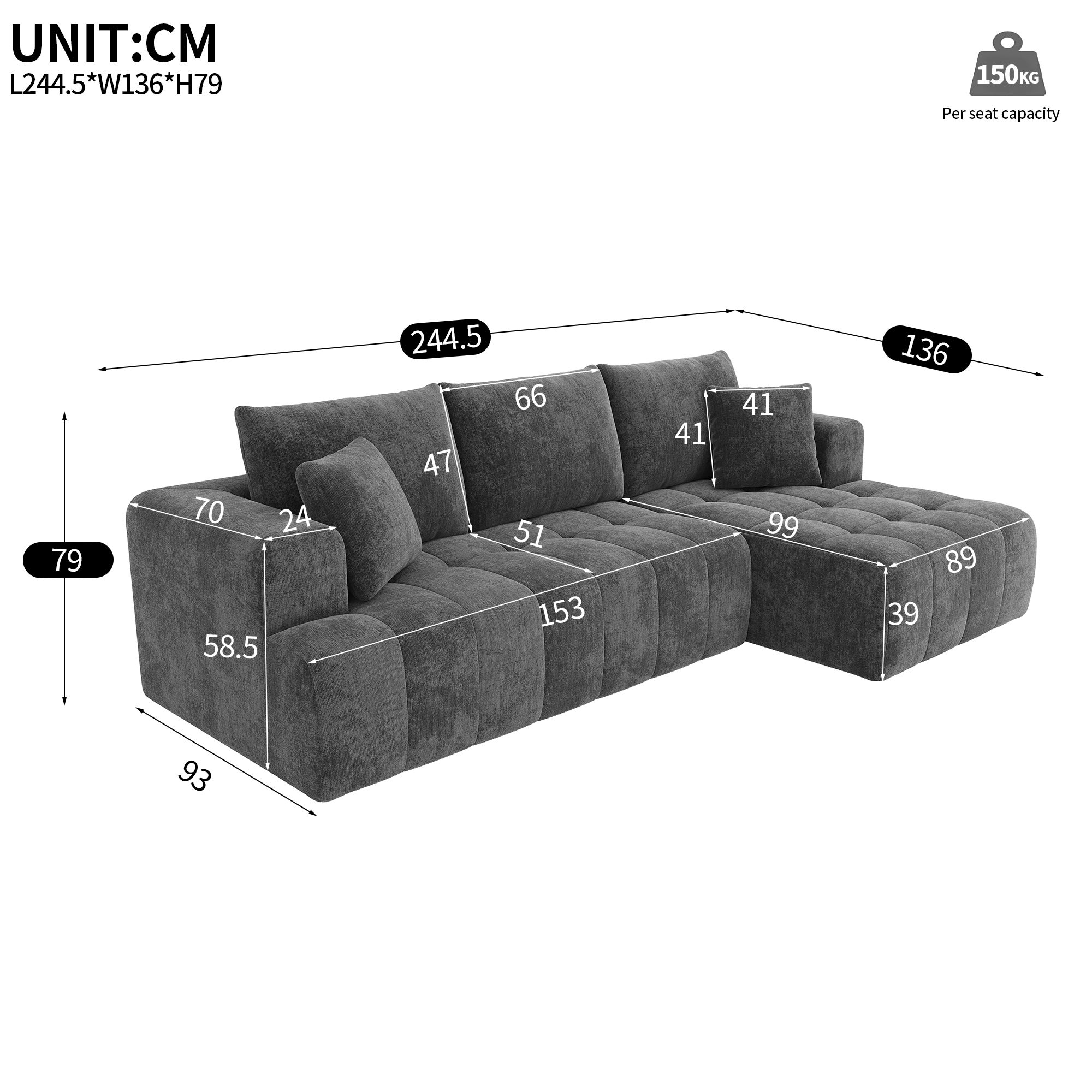 Canapé d'angle modulaire en L 244.5x136x79cm, canapé nuage, tissu chenille confortable, combinable librement,sans montage, gris - 5