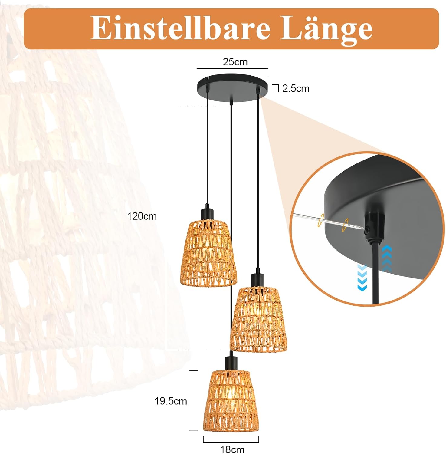 Lampa wisząca Nettlife Boho Rattan z 3 żarówkami – żyrandol z plecionej liny konopnej w stylu vintage, E27 (żarówki nie są dołączone) - 4