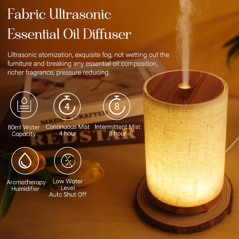 1pc Difusor Aromaterapia Ultrasónico 80ml, Luz Cálida, Diseño Madera & Tela, Niebla 4H Continua/8H Intermitente, Apagado Automático - 2