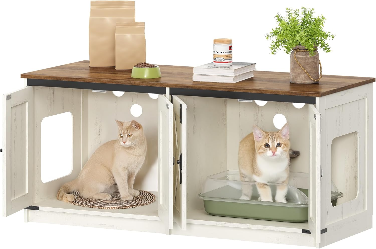 Móvel para Caixa de Areia para Gatos,Armário para 2 Gatos,Móvel Discreto para Sanitário Felino, Casinha Interior para Gatos,Castanho Rústico e Branco - 2