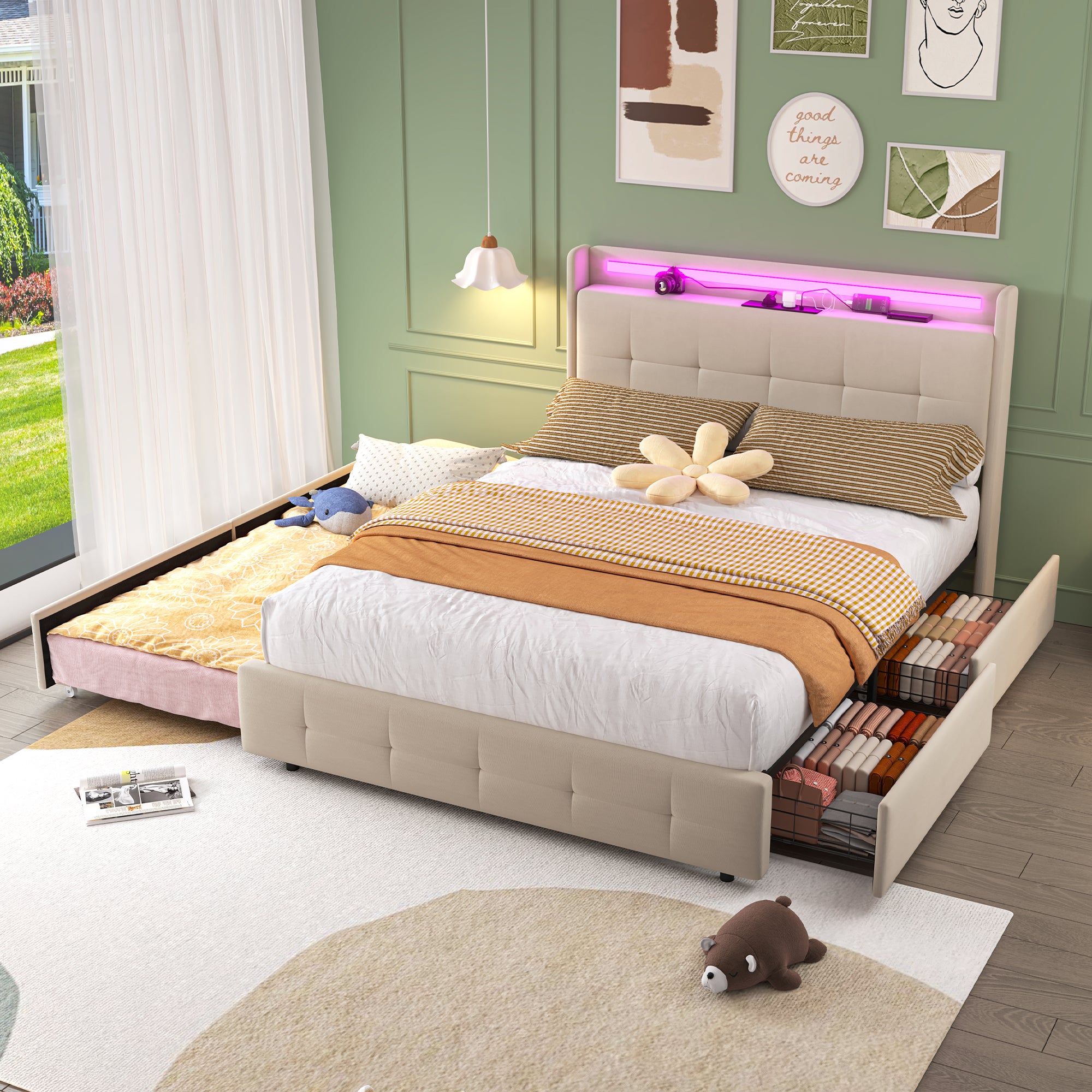 Letto 160 x 200 con rete a doghe con USB e LED, letto baule 160 x 200, letto matrimoniale con cassetti, letto adulto legno, letto matrimoniale, telaio letto con rete a doghe