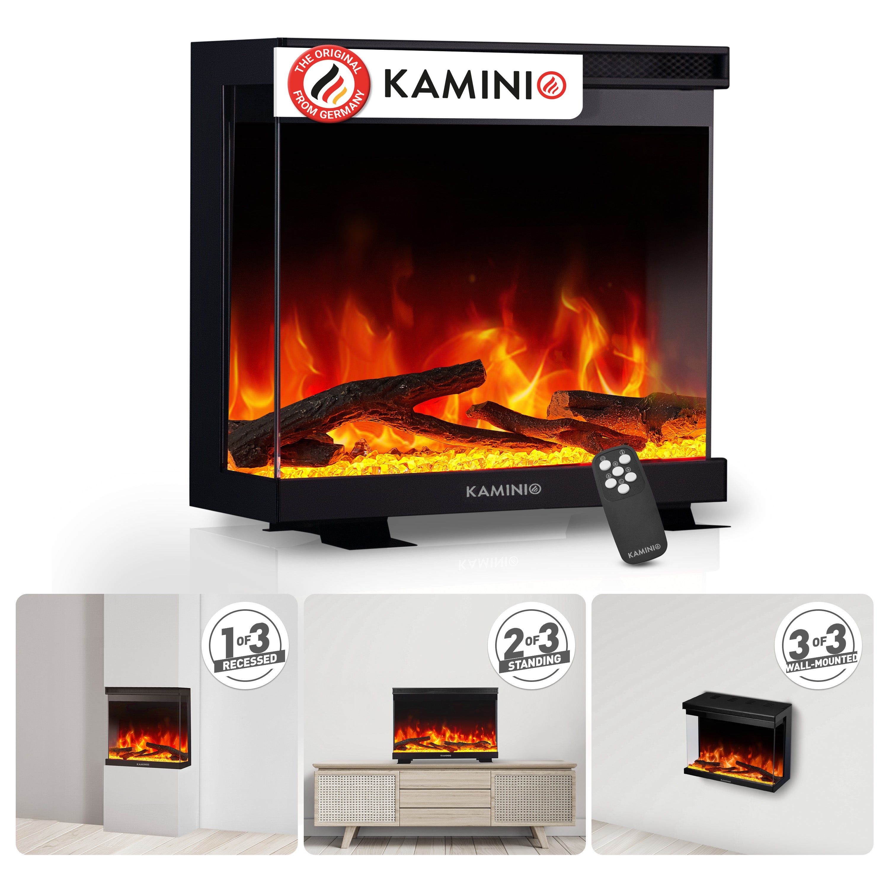 KAMINIO Kominek elektryczny LEA – kominek 3 w 1 z panoramicznym widokiem, ogrzewaniem, efektem płomienia, 12 kolorami płomienia, pilotem – 24 cale