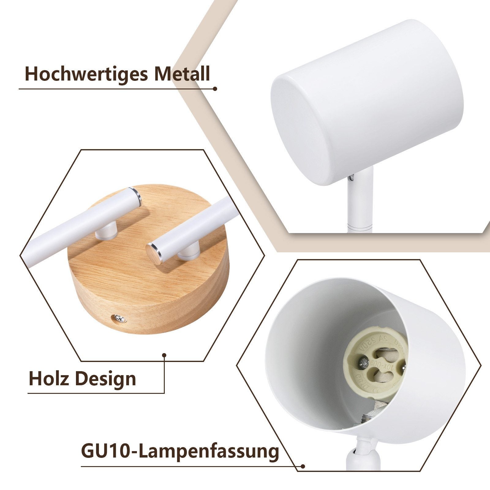 NETTLIFE Plafonnier LED 4 flamme - Blanc Plafonnier GU10 Spot pivotant Applique murale en bois Spot mural pour salon chambre Sans ampoule - 3