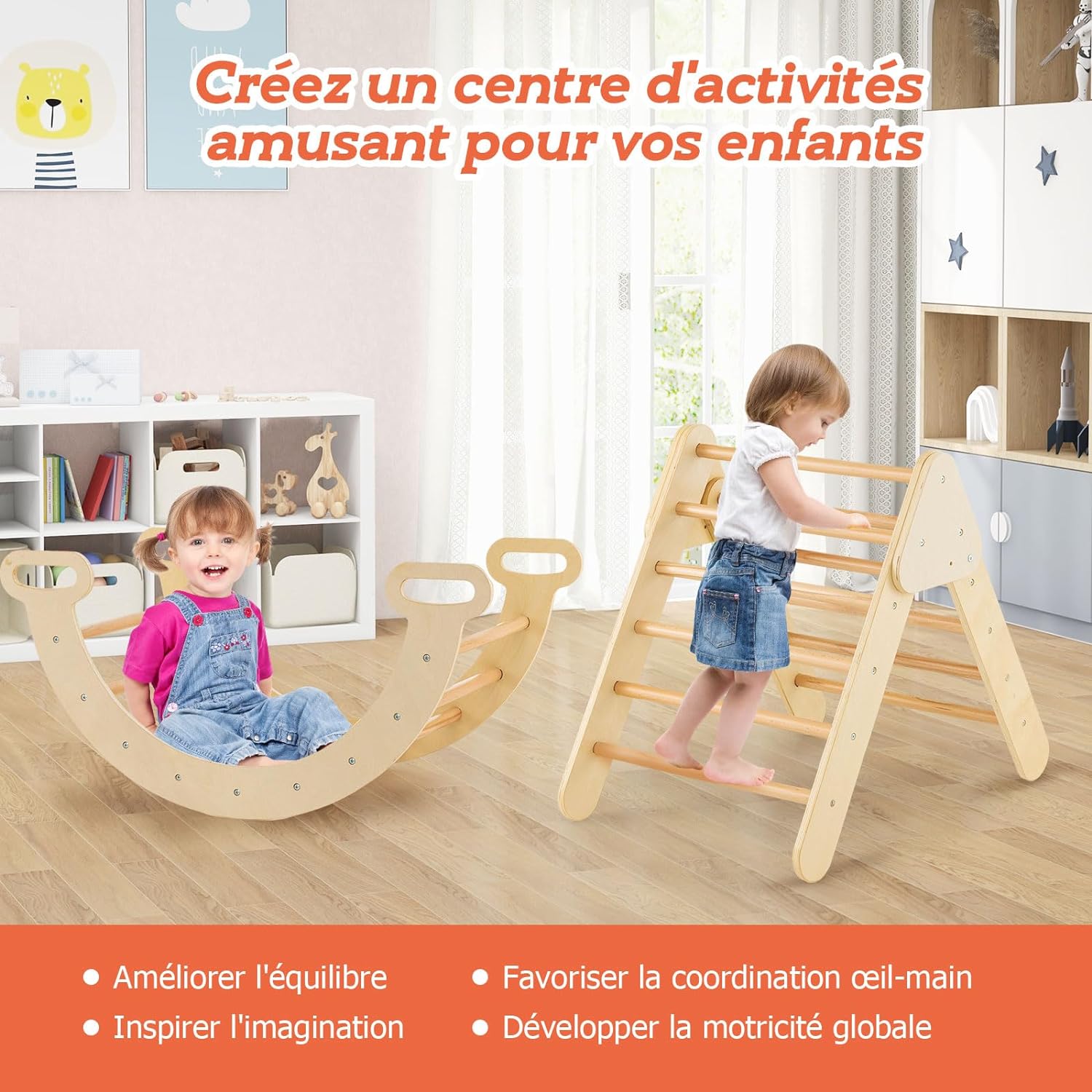 Arco Montessori a triangolo 7 in 1, arco per bambini con scivolo in legno, rampa, scala regolabile, portata 50 KG bambini da 1 anno in su, naturale - 6