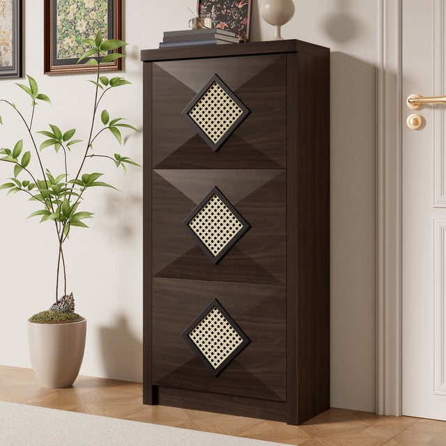 Szafa na buty 54x25x115 cm - 3 fronty odchylane - Dekor rattanowy - Styl wiejski - Płyty wiórowe - Brązowy