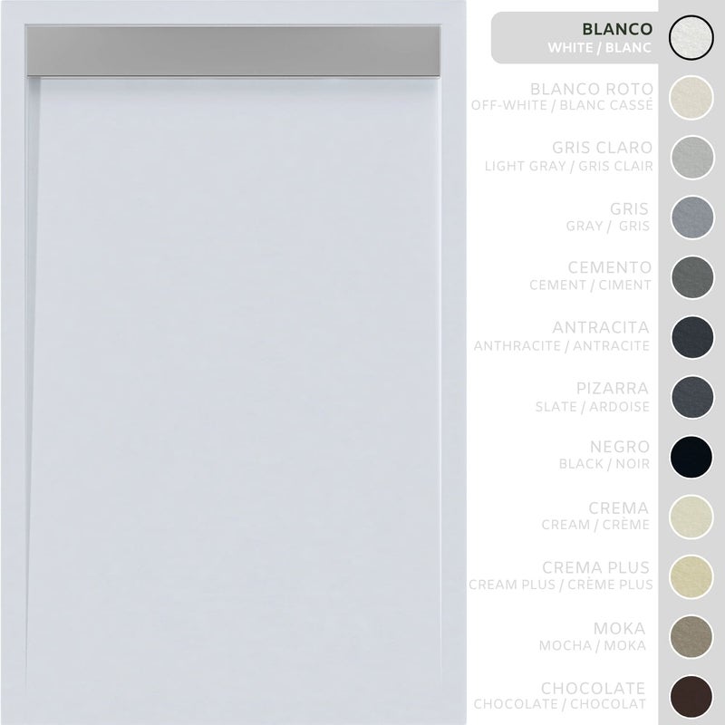 SOULHOME Brodzik prysznicowy– Żywica– Gel Coat– Gładka/Kamienna tekstura – Antypoślizgowy – biały- 150x80- Niski 3cm– Ruszt INOX