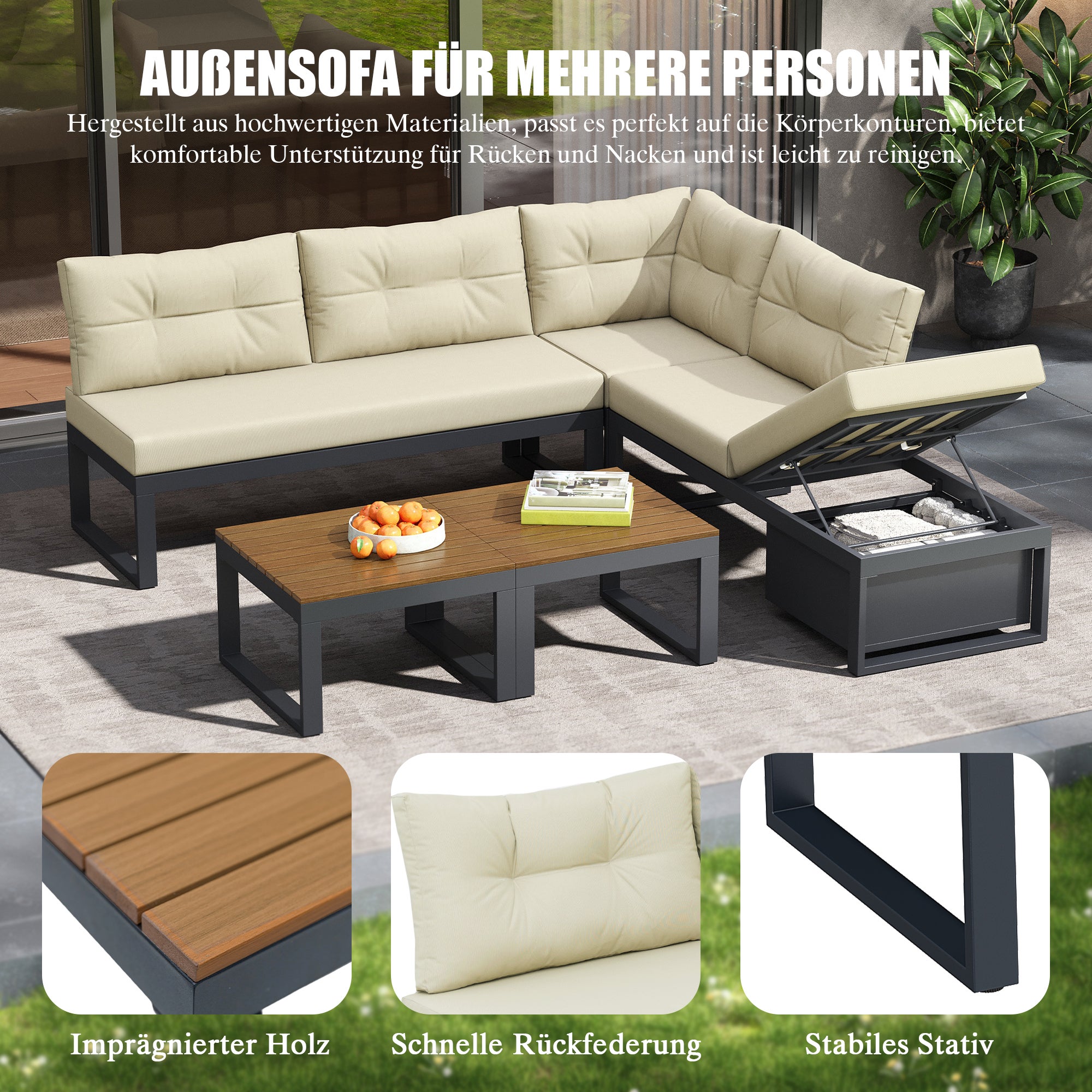 Salon de Jardin 5 Places - Canapé Convertible en L/U avec Coffre de Rangement, Tables Poufs & Coussins Épais Imperméables - 4