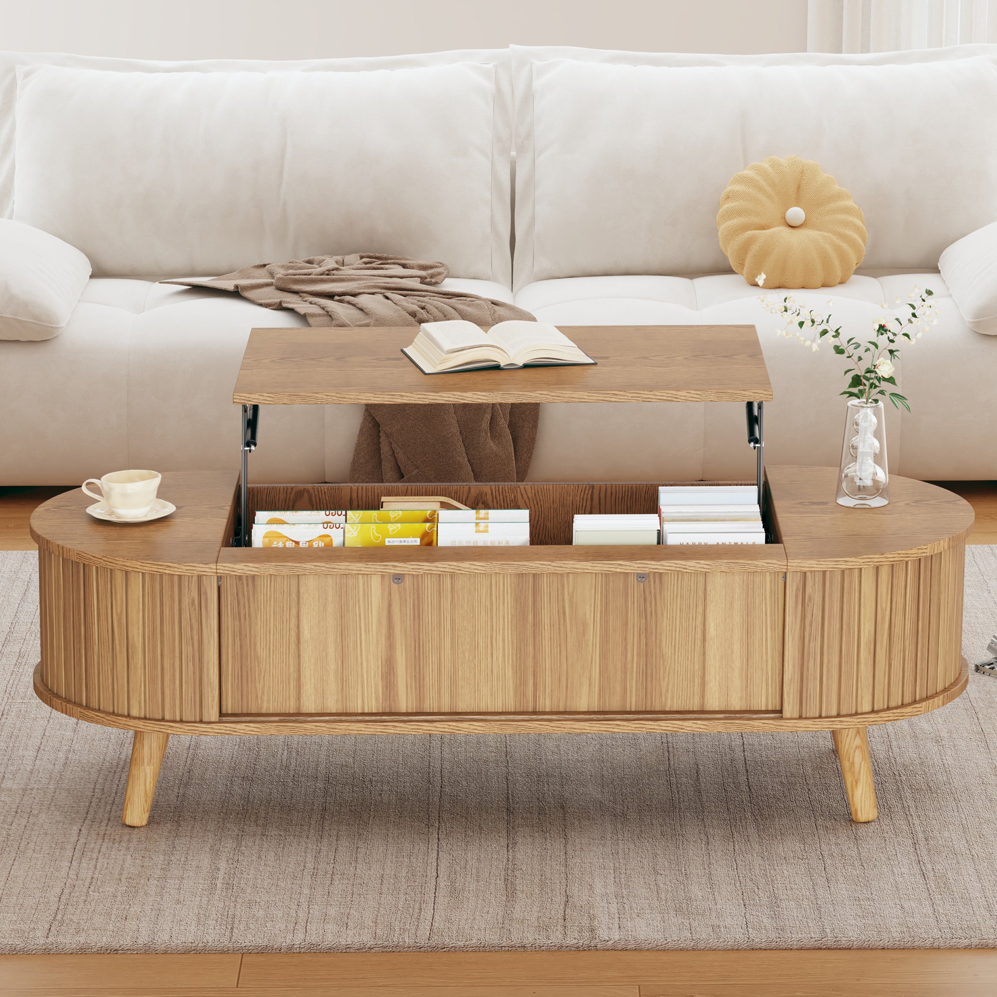 Table basse relevable 120x50x39.5 cm - 2 portes - Rangements cachés - Pieds en bois massif - Naturel - 2