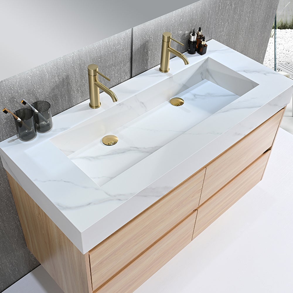 Meuble salle de bain double vasque 120cm bois naturel et effet marbre blanc avec miroir LED LB-8476C-120 - 3