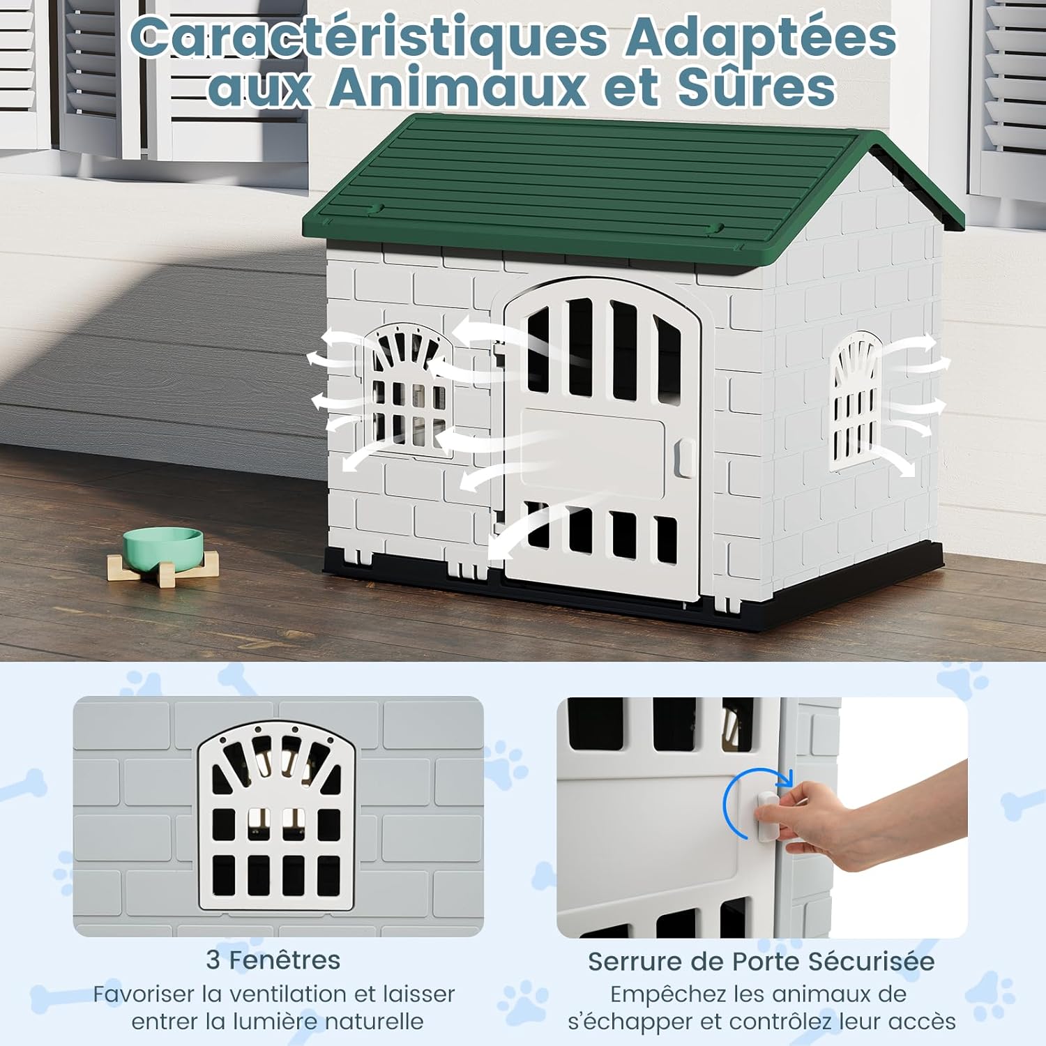 Niche para Cão Exterior XXL em PP, Cabana para Cão Impermeável e Ventilada, 3 Janelas, Piso Elevado, Gaiola para Cachorros, 75x58x65CM (Verde) - 6