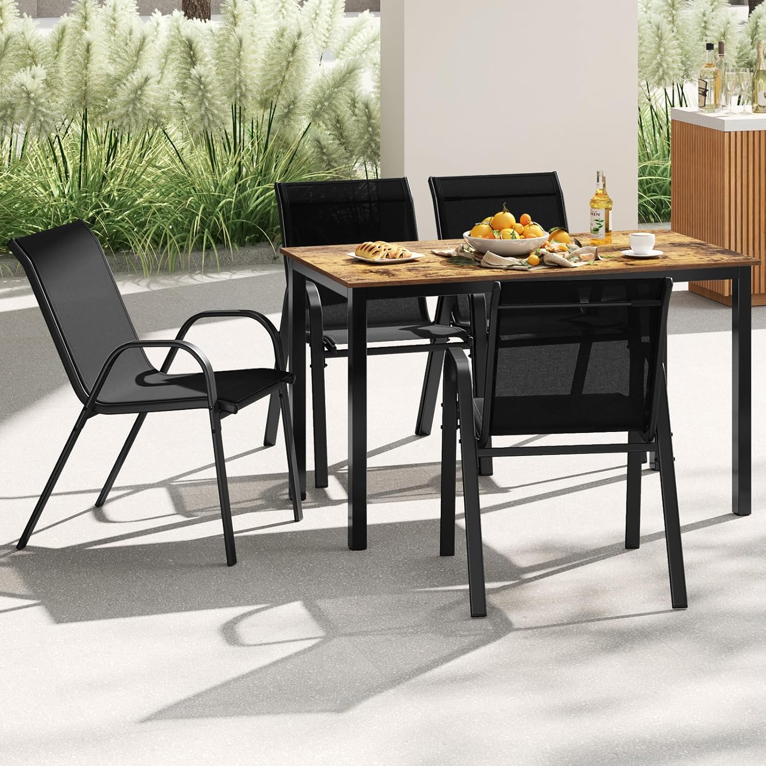 Lot de 4 Chaises de Jardin Extérieur Métal et Textilène, Fauteuil de Jardin Empilable avec Accoudoirs et Dossier, 56x70x84cm, Charge 150kg, Noir - 2