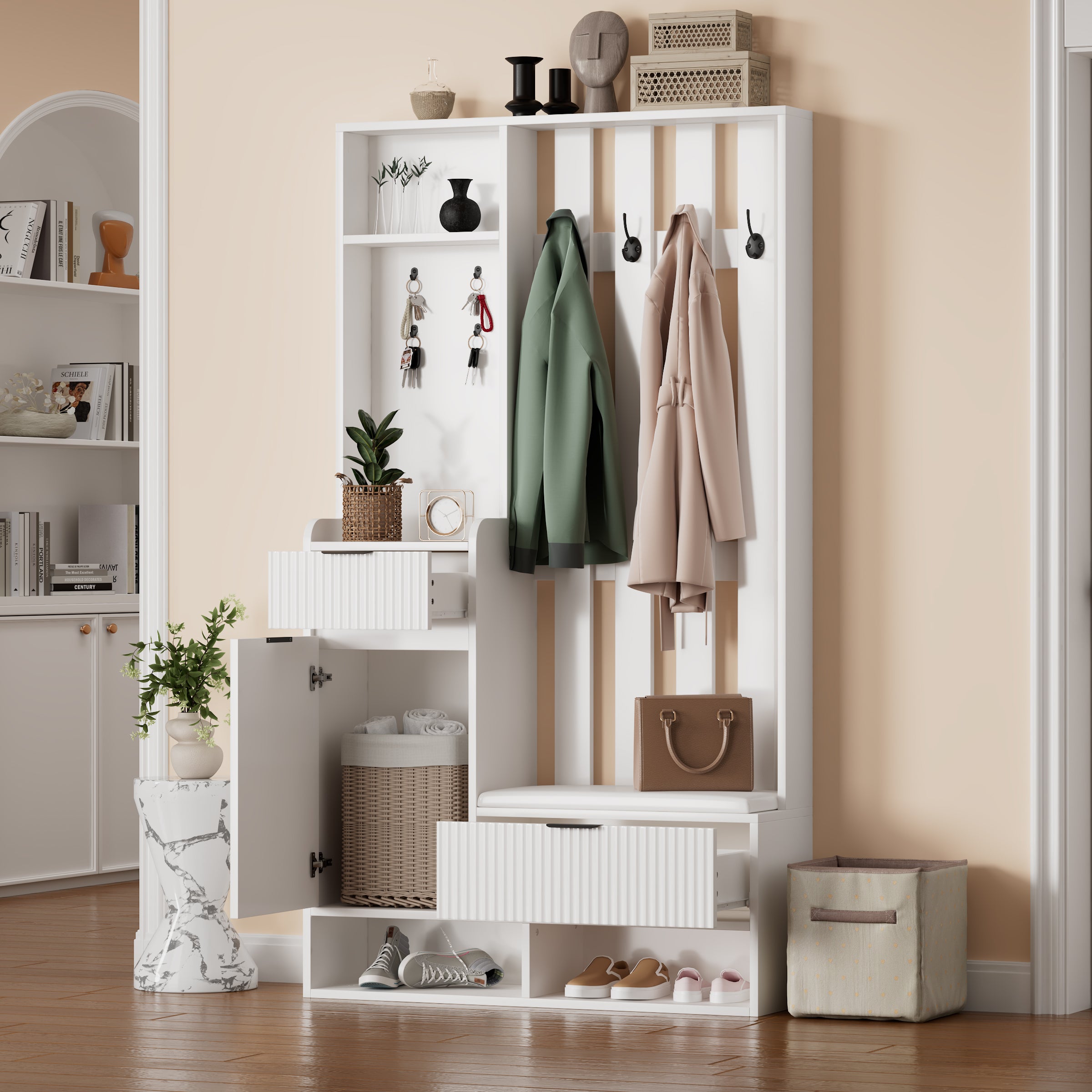 Szafka na buty 6 w 1 z 8 haczykami, ławką na buty, 2 szufladami i 1 drzwiami - 100 x 30 x 180 cm - Płyta wiórowa - Biała